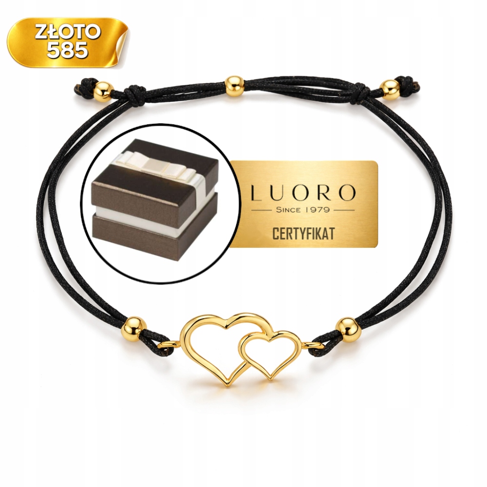 Náramek Zlatý 585 14K Srdcový Na Černé Šňůře, Nastavitelný, 14-21 CM