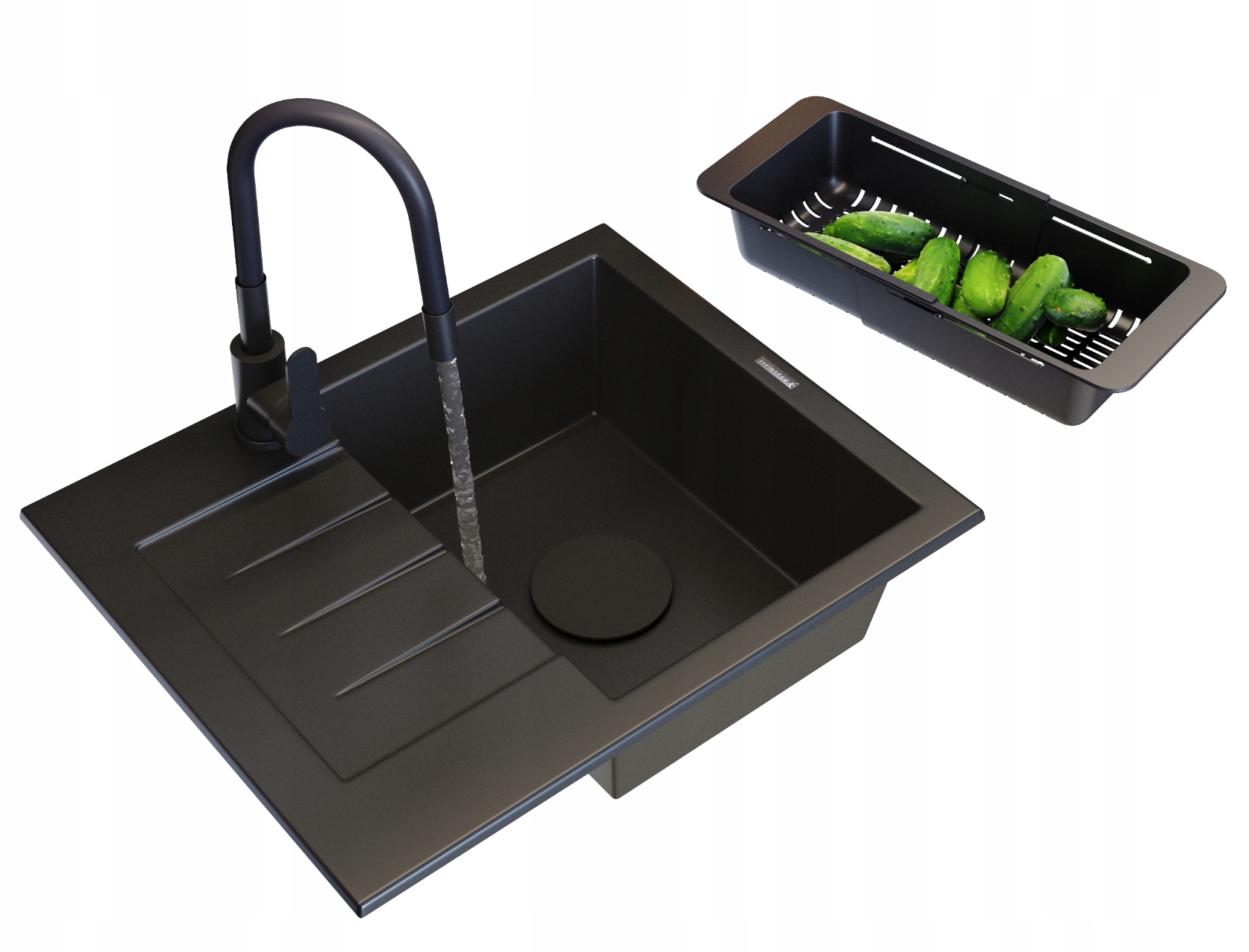 Granitový Drez Čierny Kuchynská Batéria Košík Záslepka Sada Milano