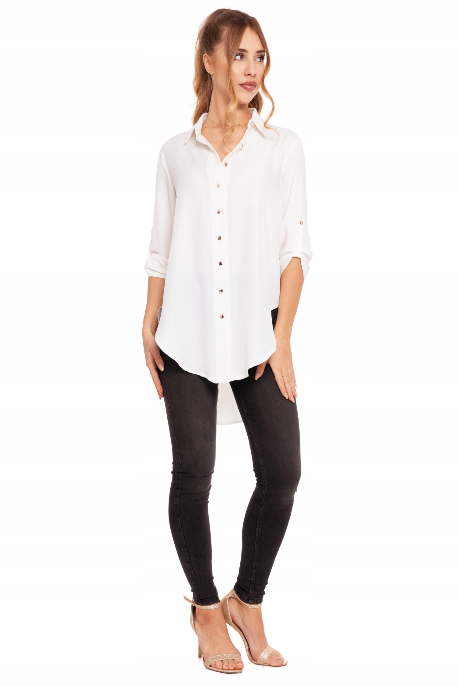 BIAŁA KOSZULA DAMSKA RĘKAW 3/4 ELEGANCKA DŁUGA KOBIECA GŁADKA MORAJ XXL Wzór dominujący bez wzoru