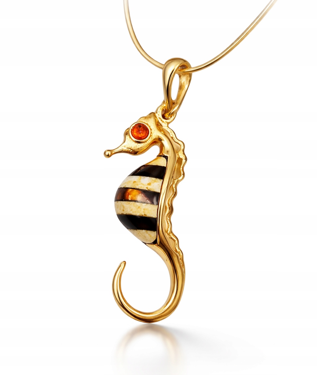 Zlatý Přívěsek Mořský Koník S Jantarem Stříbro Pozlacený