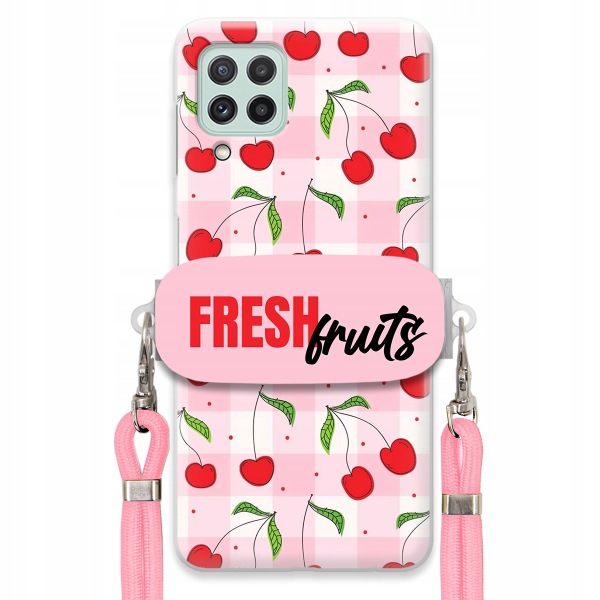 Puzdro pre Samsung M22 4G Case držiak na šnúrku Ružový Fresh Fruits Mriežka