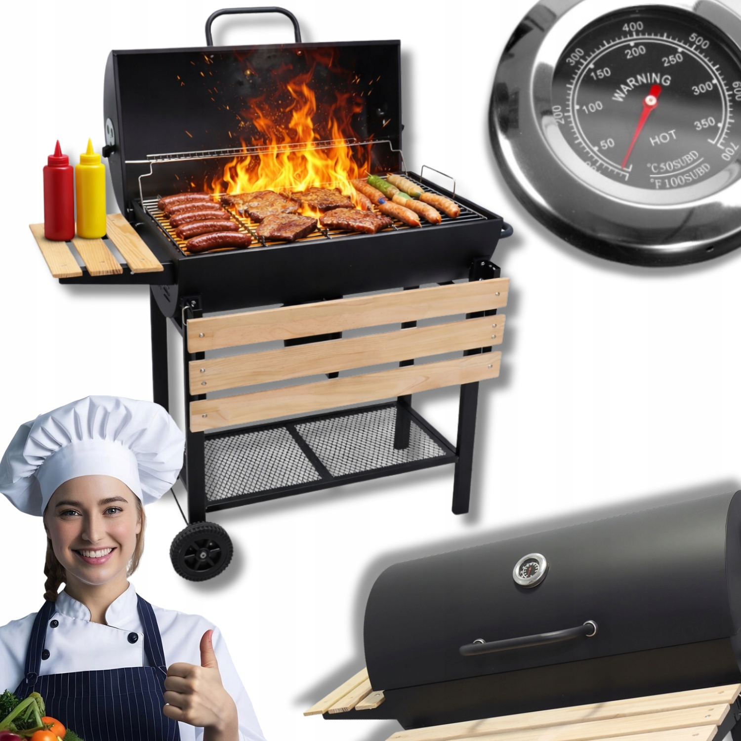 Grill Węglowy Duży Ogrodowy Z Pokrywą Stalowy Termometr Ruszt Popielnik