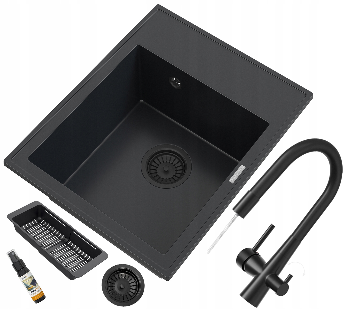 Granitový drez Nero čierny Set Batéria trojcestná sifón čierny košík