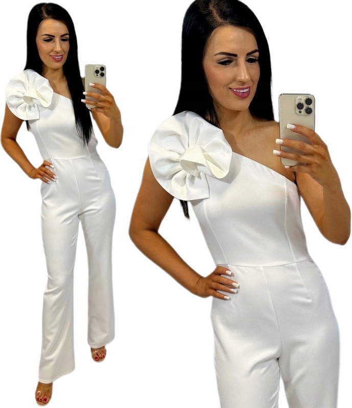 Dámská elegantní kombinéza na jedno rameno na Svatební Hostina Bílá Ecru s růží L