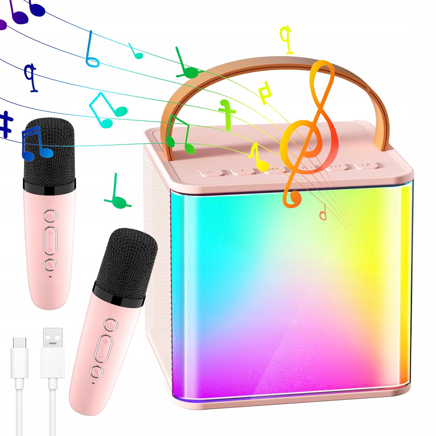 Przenośna Maszyna Kolor RGB do Karaoke z Bluetooth i Mikrofonami Załączone wyposażenie Kabel zasilający USB-C 2x mikrofon