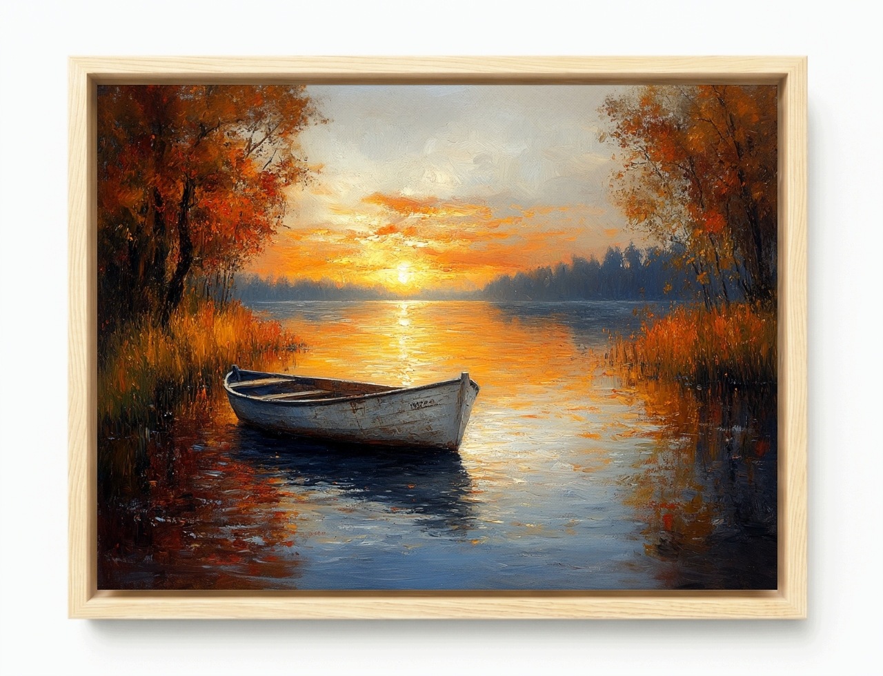 Obraz Rama American Box Krajina Jazero Loď Loďka Jeseň Slnko 80x60