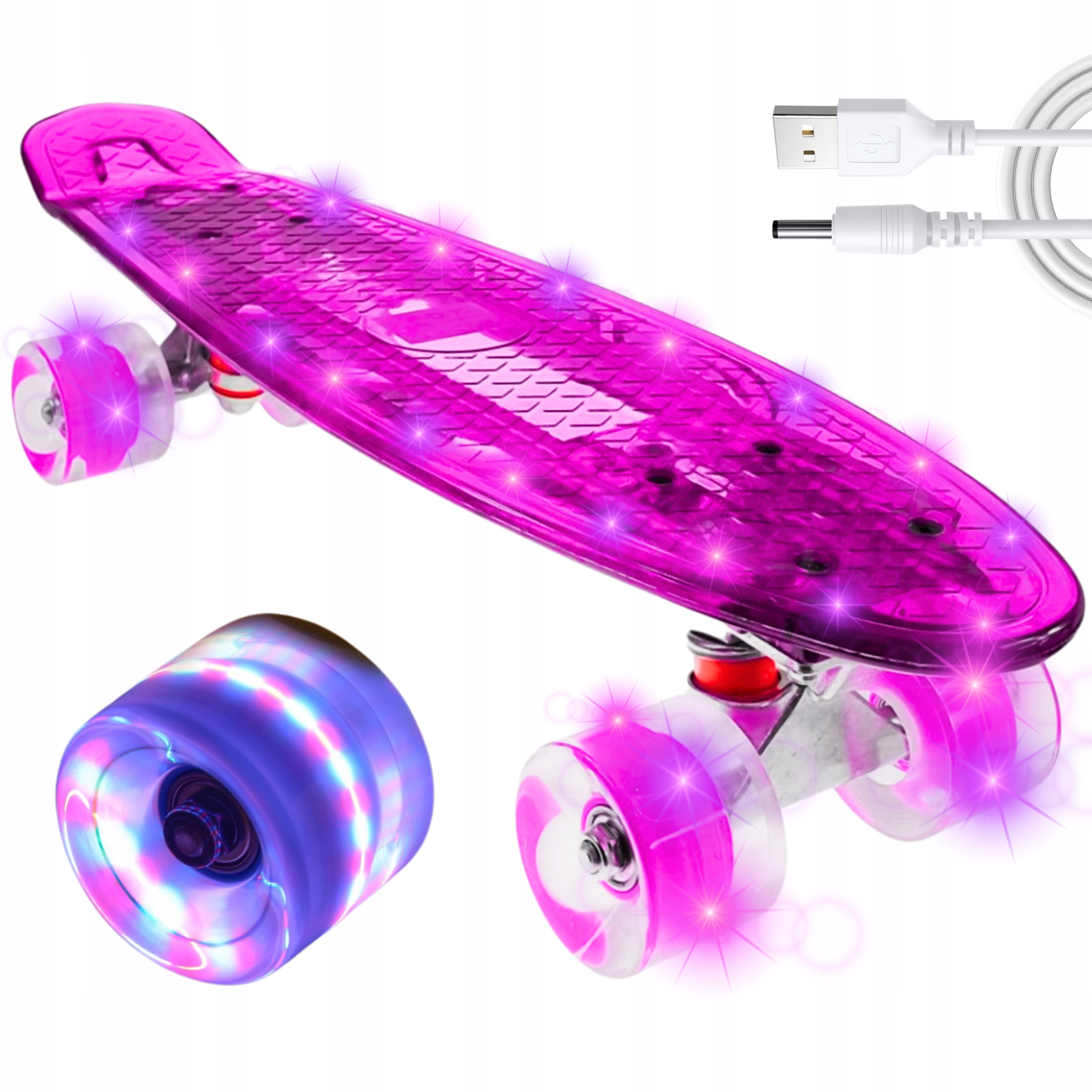 Skateboard Fiška Pro Děti Svítící Led Kola Celá Svítící 56 CM Růžová