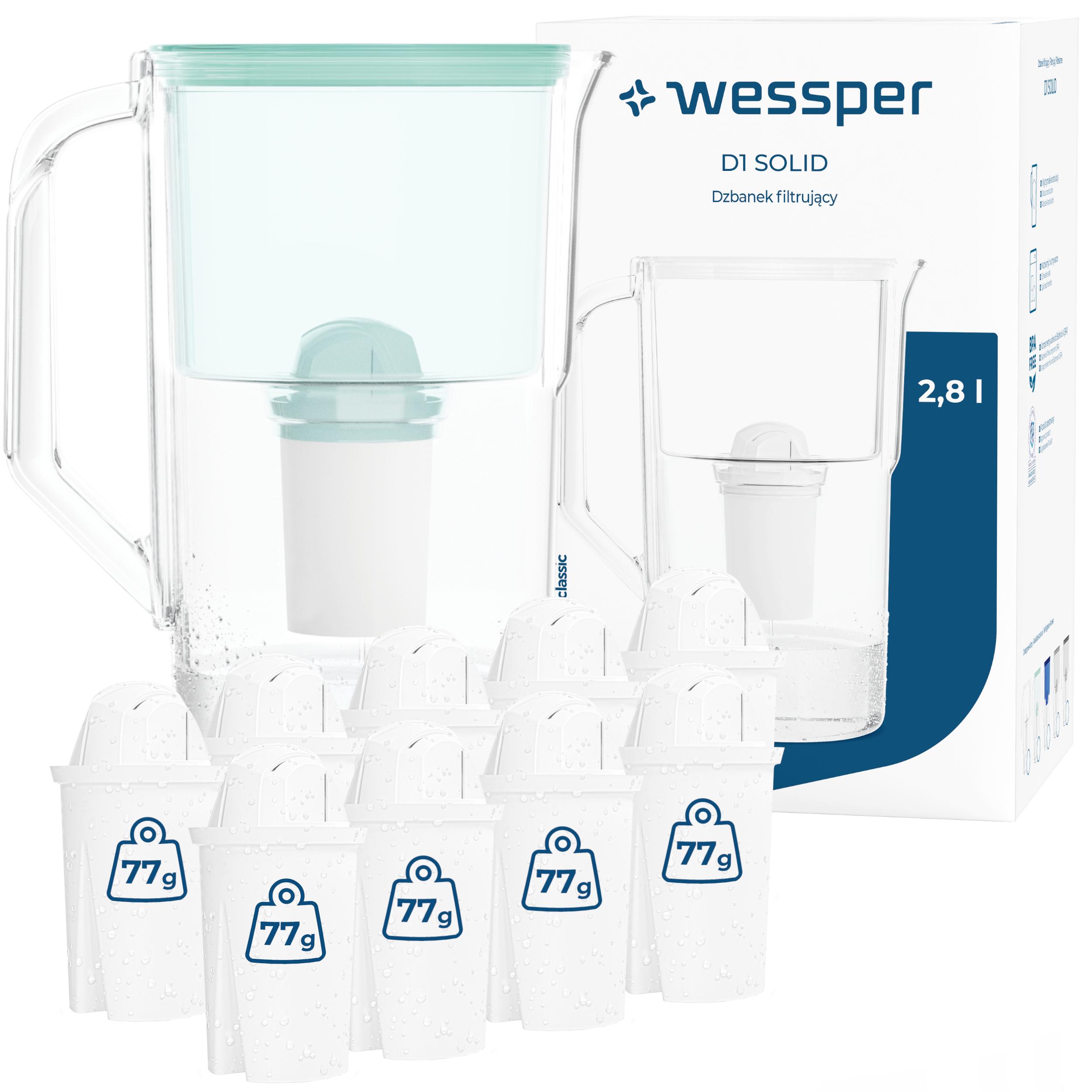 Plastová filtrační konvice Wessper D1 Solid 2,8 l, mátová 10 x filtr