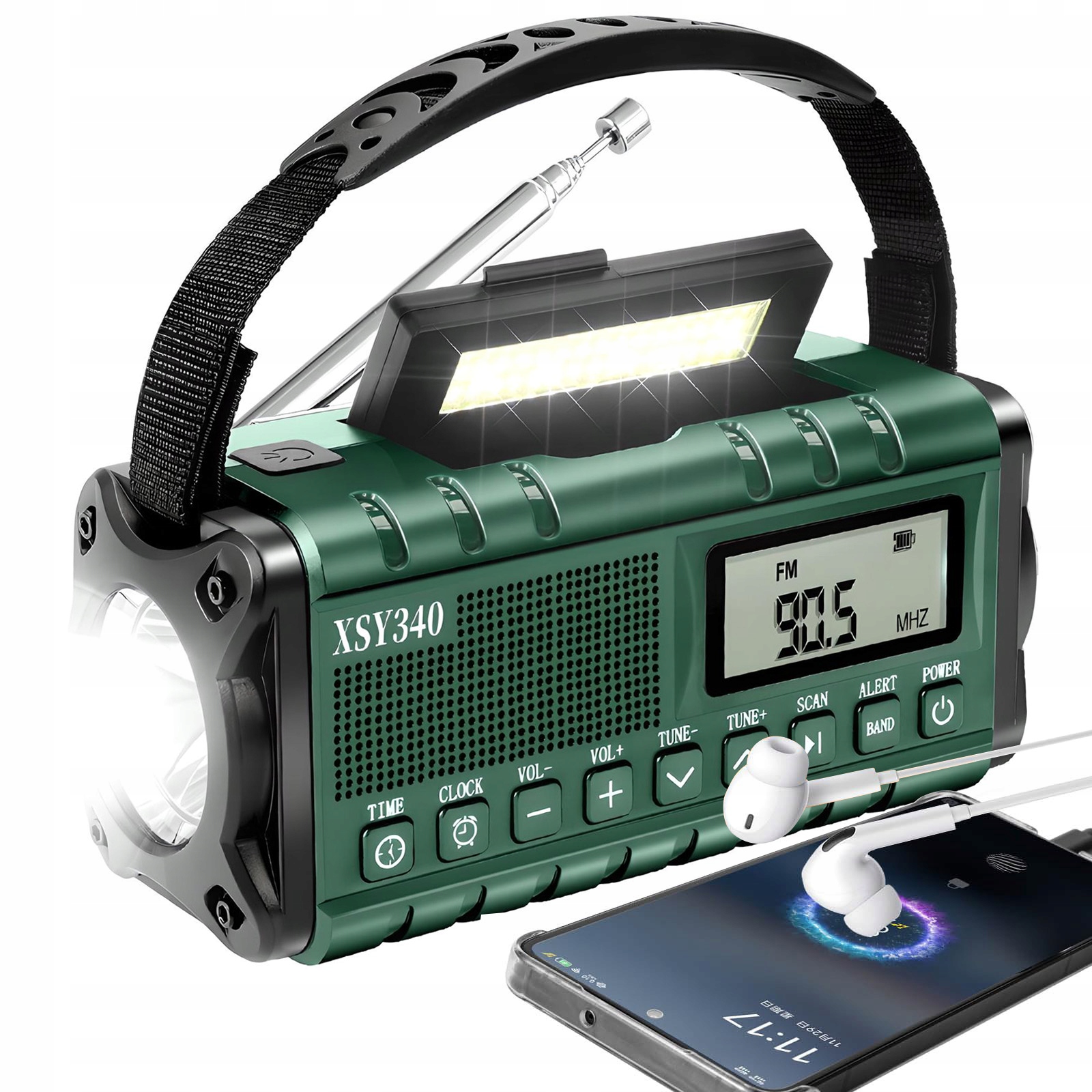 10000mAh Awaryjne Solarne Radio Fm/am Alarm Sos Latarka Power Bank Zielony