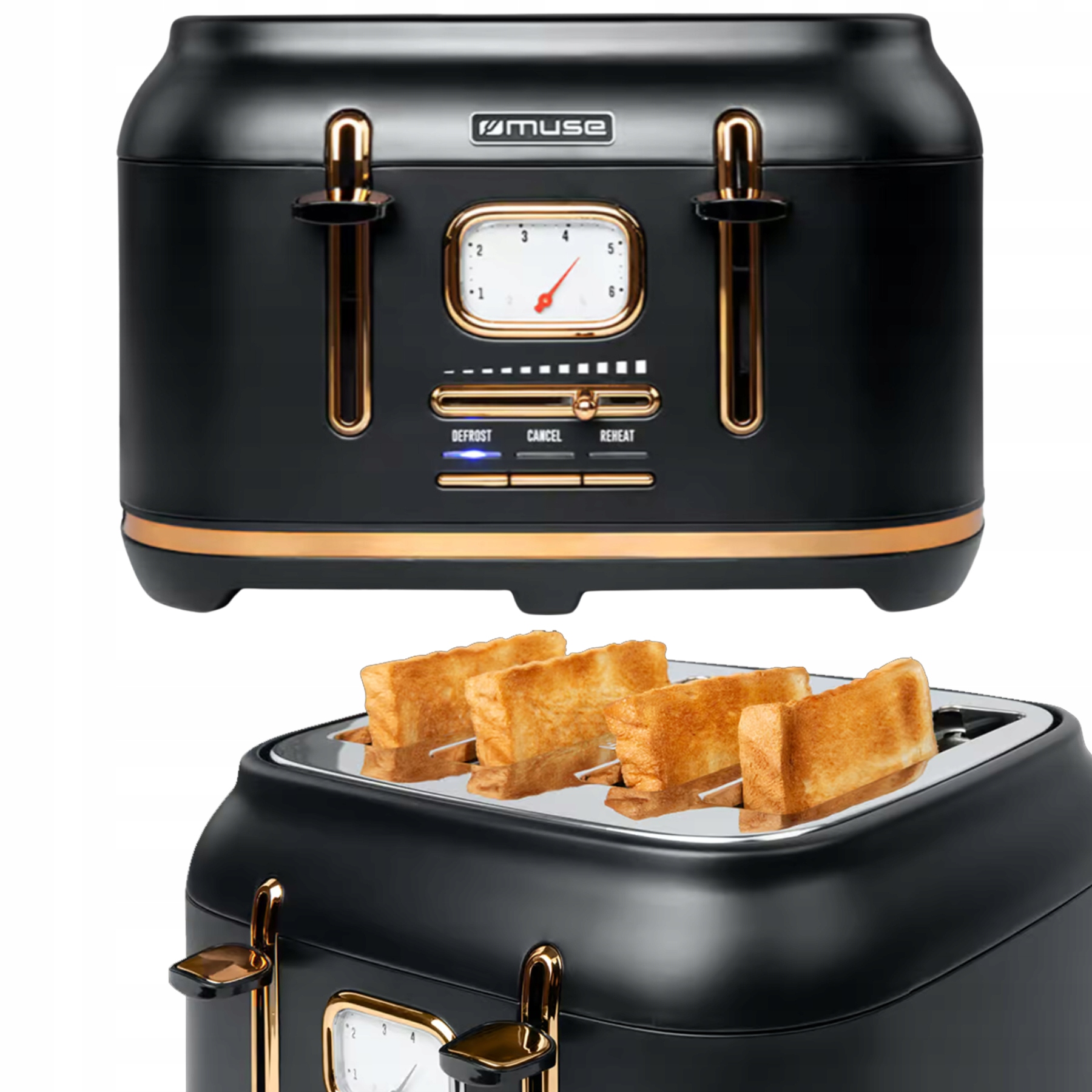 Toster Opiekacz Retro Duża Moc 1800W 4TOSTY Czarny Złoty Reg. Temperatury