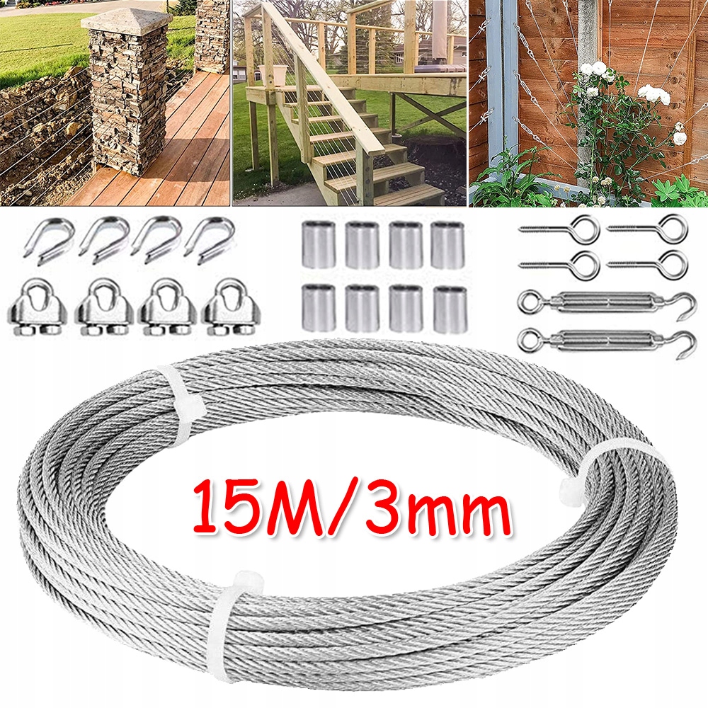 ZESTAW LIN STALOWYCH ZE STALI NIERDZEWNEJ 15M 3MM Z NAPINACZA LINKI Materiał inna