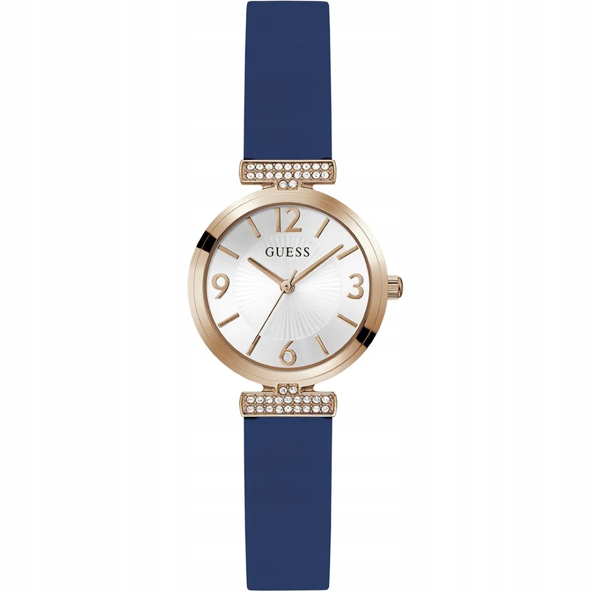 Guess Array růžovozlaté dámské hodinky s modrým řemínkem GW0912L3