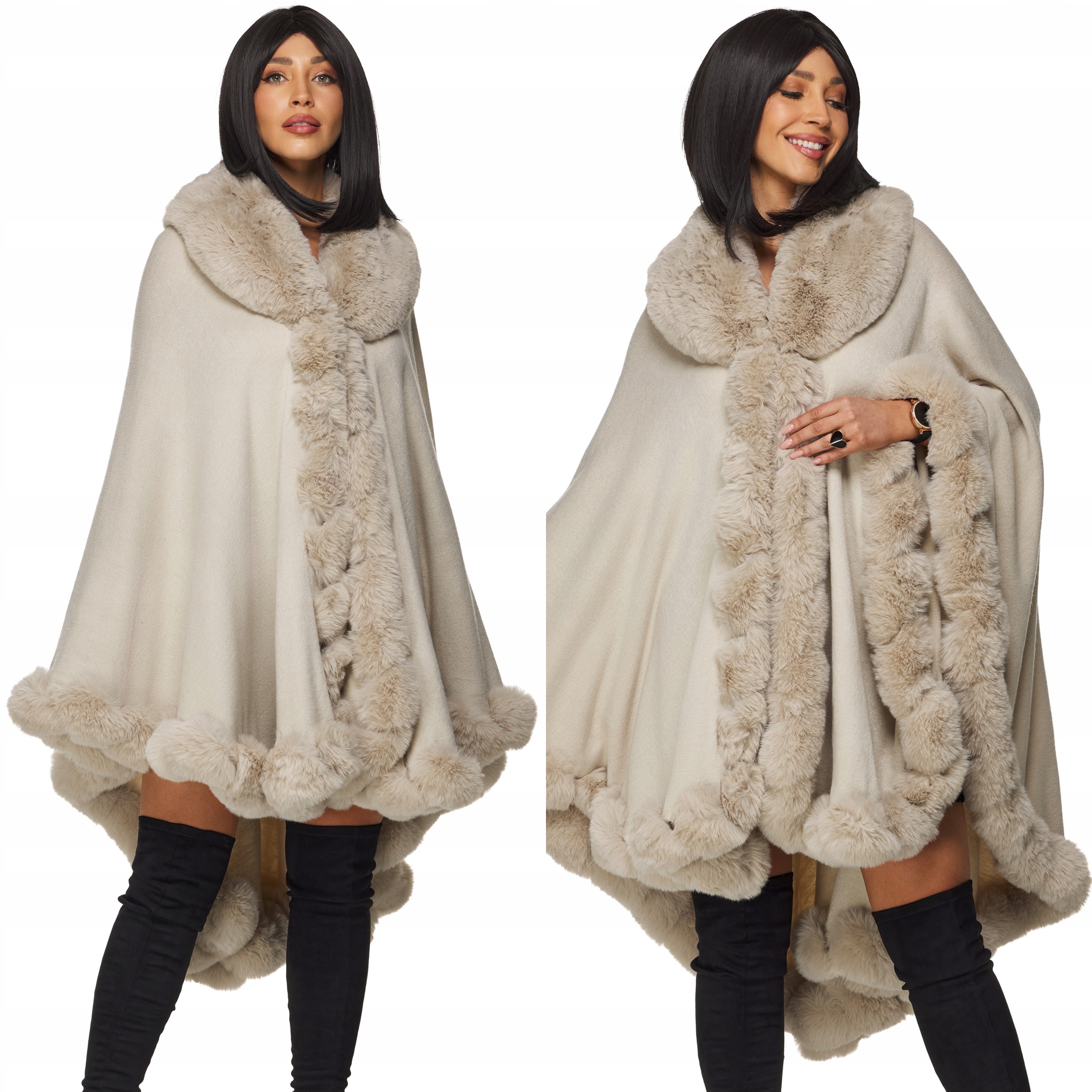 Dámské pončo, dlouhé bolero, pletenina s kožešina , světle béžové