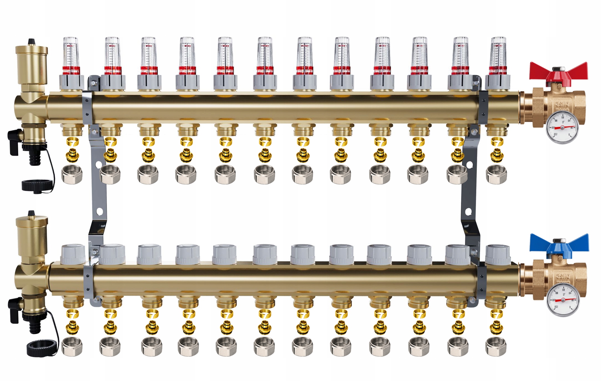 Rozdělovač Pro Podlahovku 12 Okruhů Jednoduchý Kulový Ventil Teploměr Pex