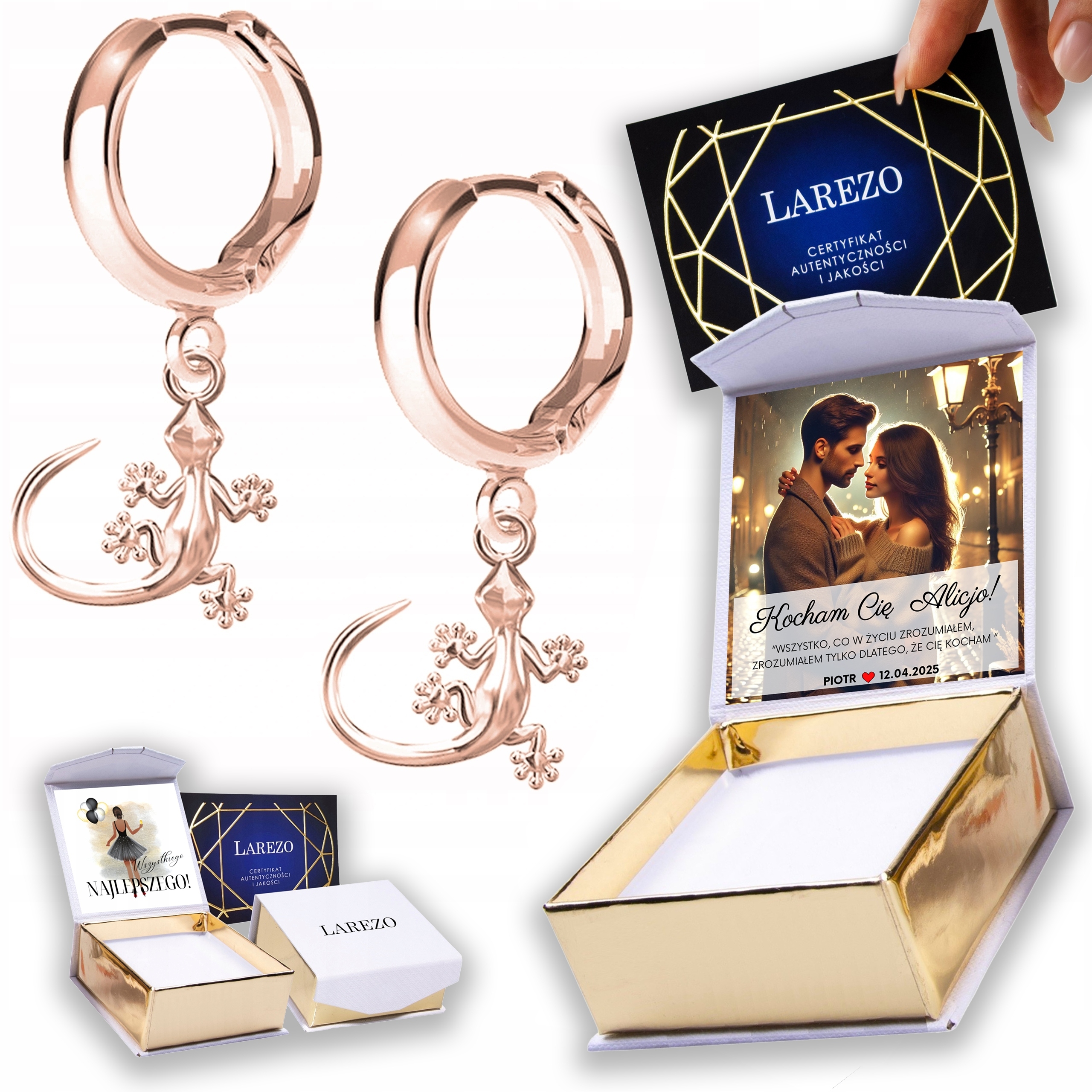 Náušnice Pozlacené 925 s ještěrkami Zvířata Plazi Ještěrky Potisk