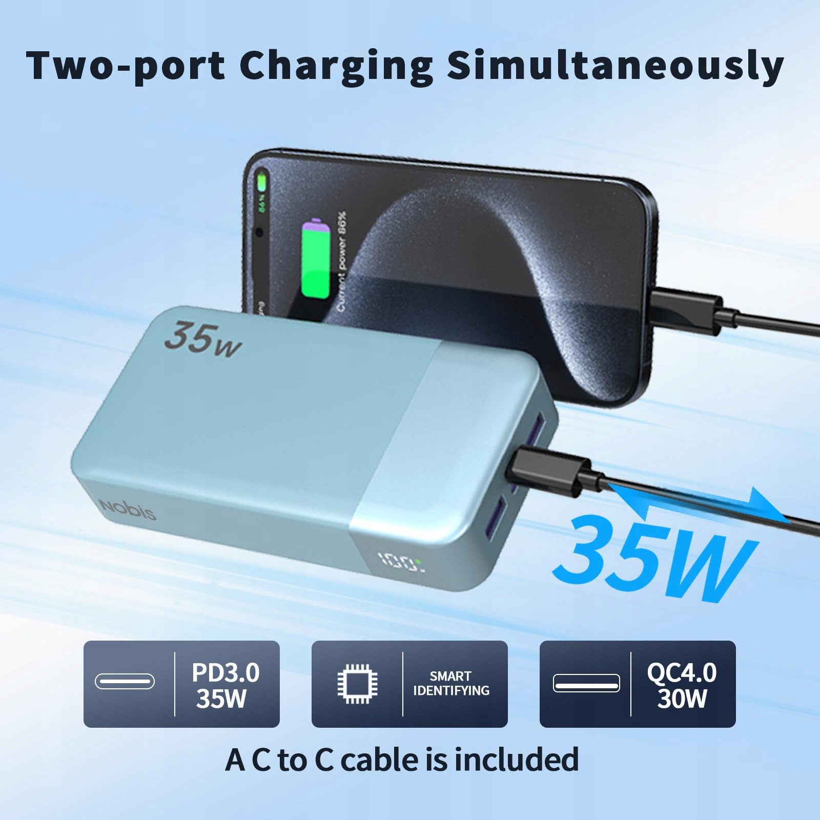 NOBIS Power Bank 20000mAh USB C 35W 4 Porty LED Wyświetlacz — miniatura 3