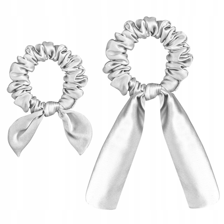 100% Hedvábí 2x Hedvábná gumička s stužkou na vlasy Frotka Silver Stříbrná