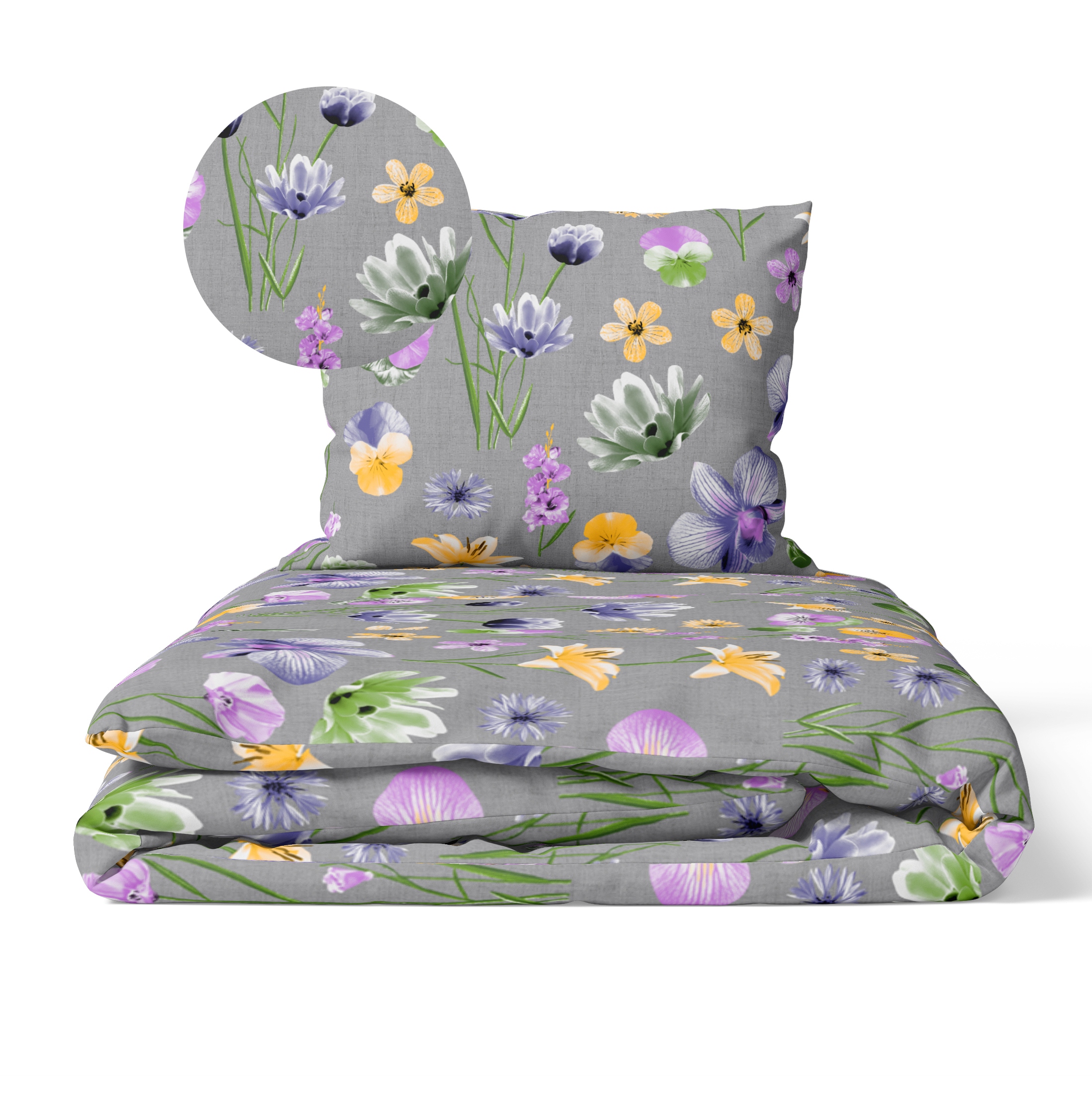 Povlečení 140x200 cm, 70x80 cm, 140 g/m2, bavlna 100 % Polní květy na šedé