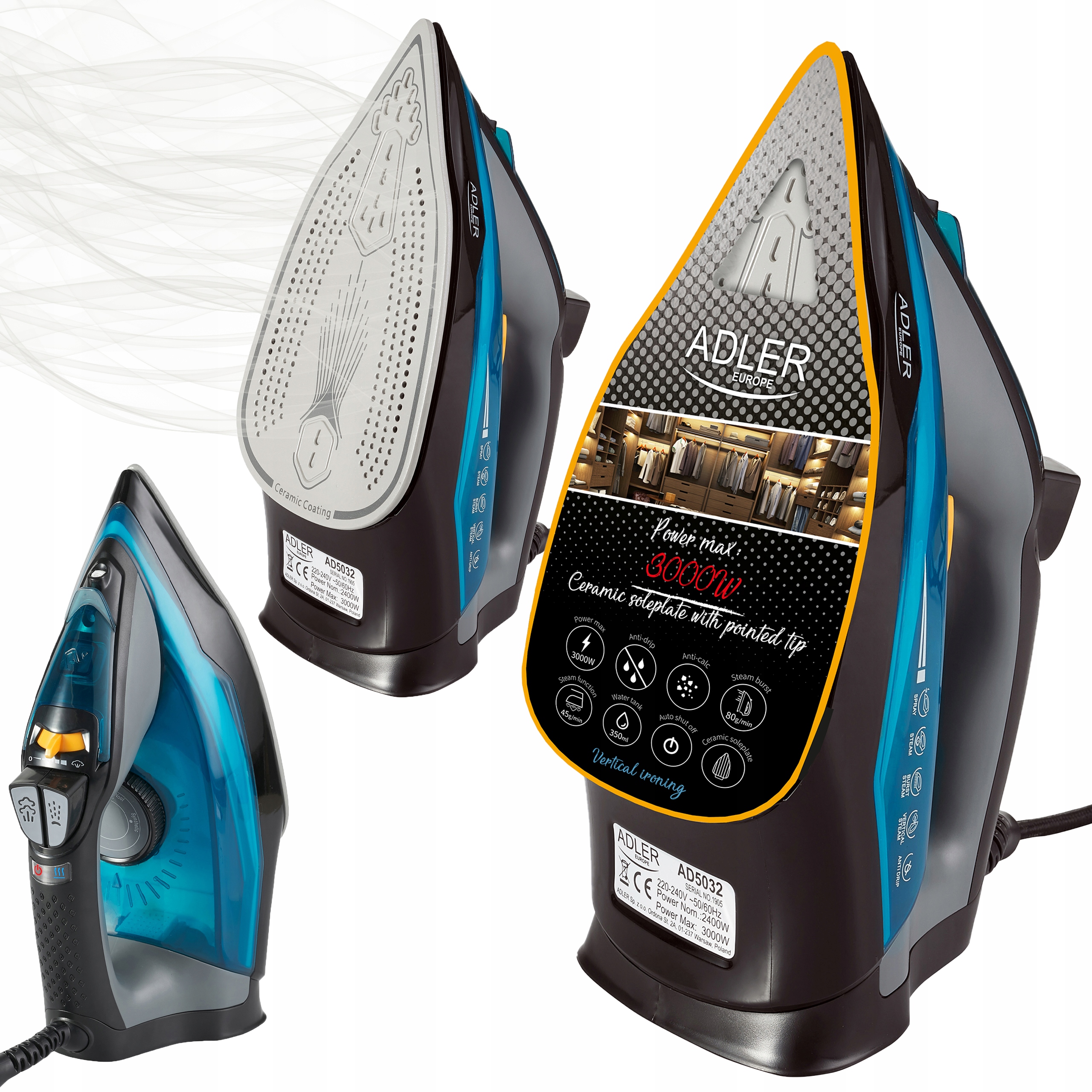 

Żelazko Parowe 3000W Wyrzut Pary Pion Ceramiczne