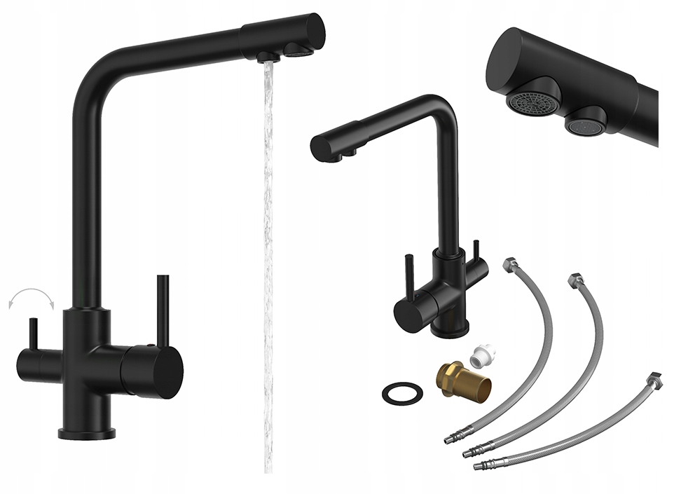 Kuchynská batéria trojcestná kohútik do filtra vody do kuchyne Flow čierna