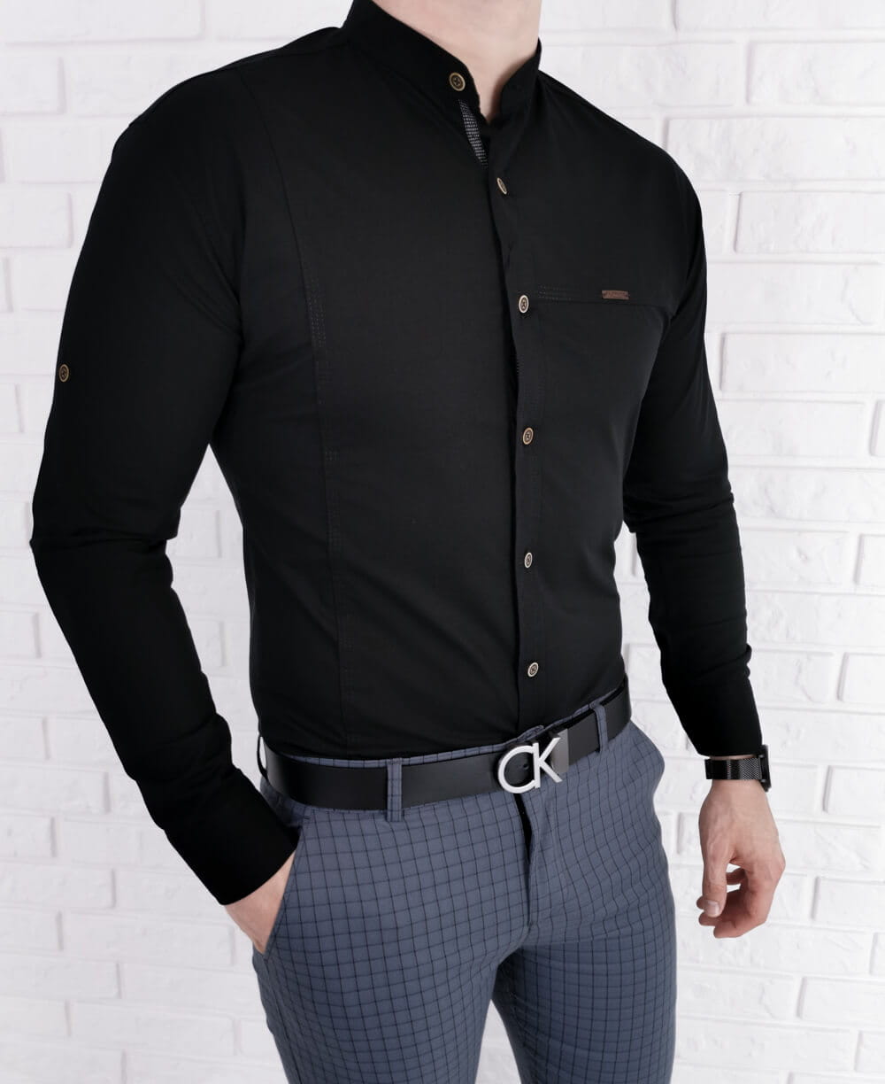 Czarna meska koszula ze stojka slim fit 0134/2 - S Fason slim