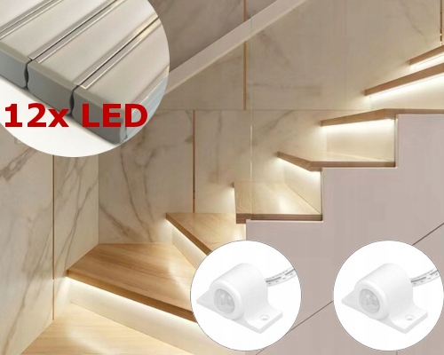 Set 12x Schodišťová Led lišta 1 m +na Míru 2x Senzor Pohybu Nahoru/dolů