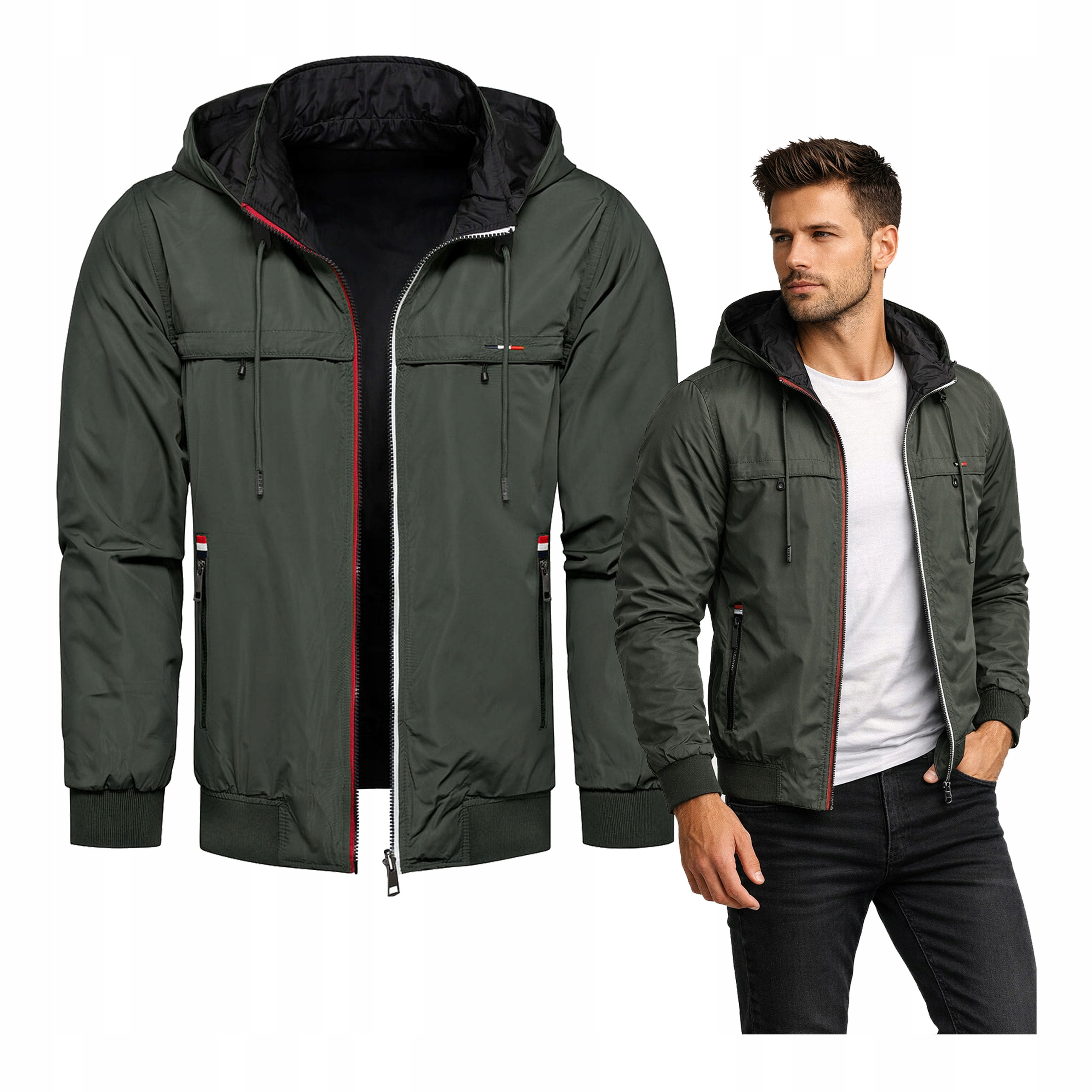 Pánská jarní větrovka, oboustranná, přechodová bunda, zelená černá, velikost XL