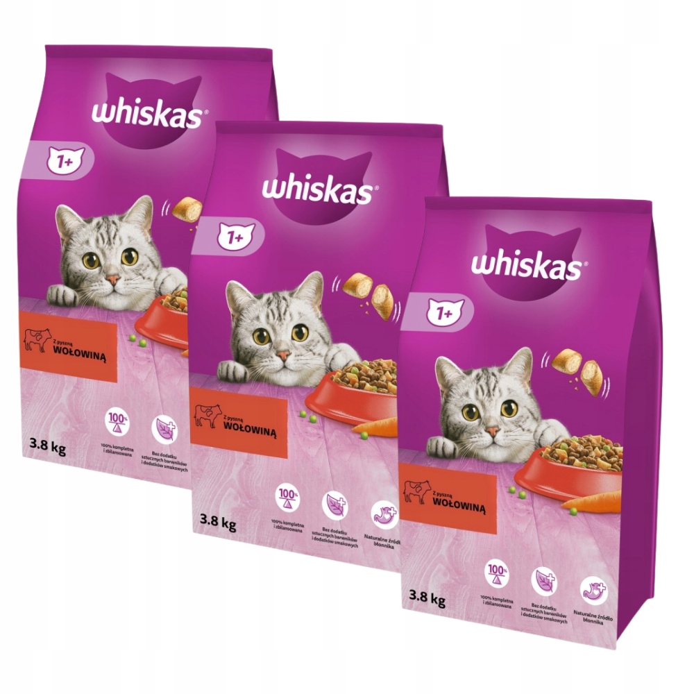 Whiskas Suché Krmivo Pro Dospělé Kočky Hovězí Maso 3,8 Kg x 3 kusy