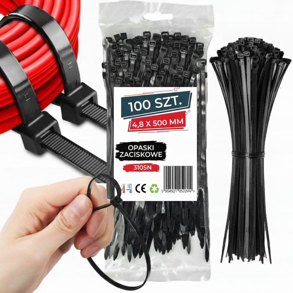 Opaski Zaciskowe 4,8x500mm 100 Szt Czarne Trytytki Kablowe, Mocne Trytki