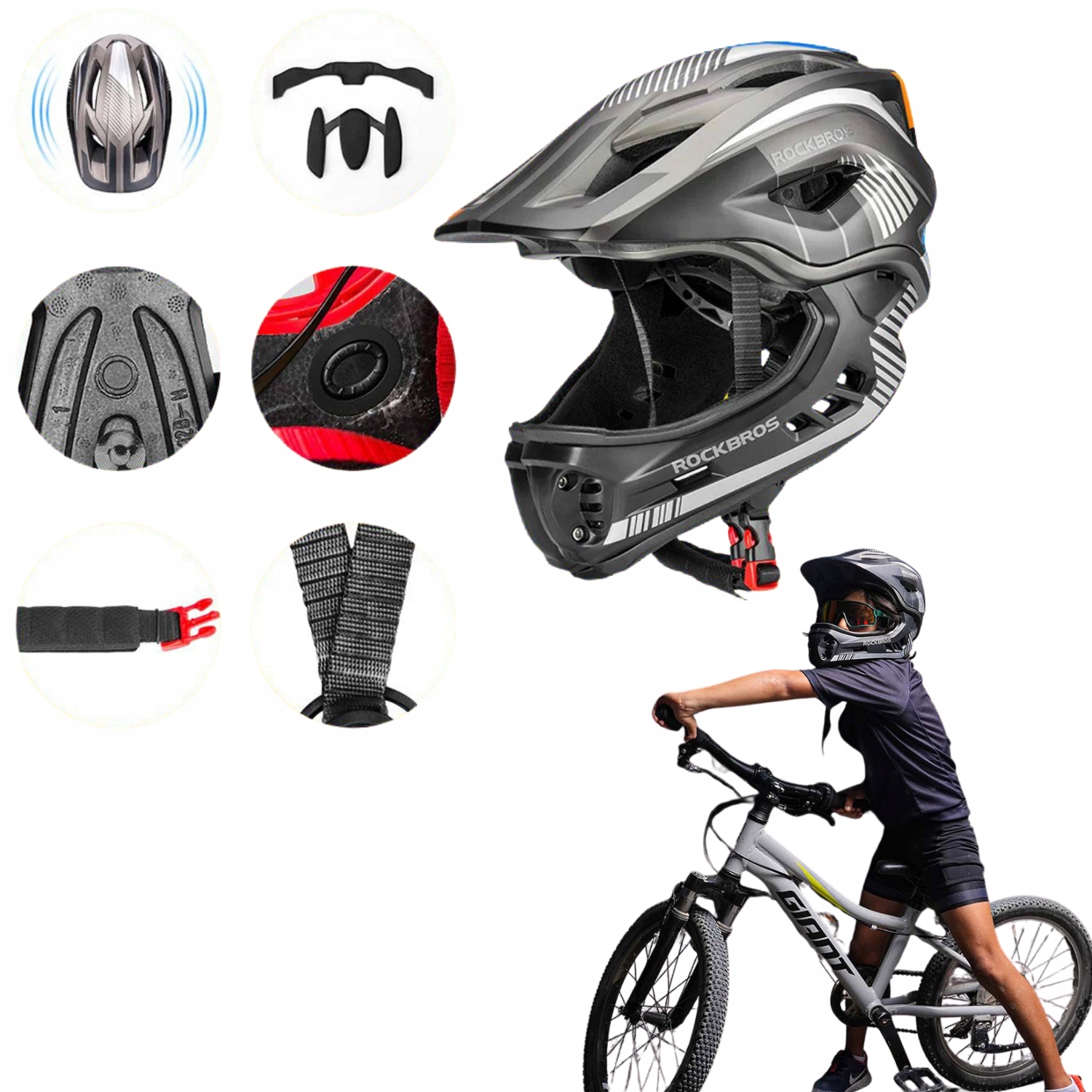 Dětská Přilba Rockbros TT-32SBTG-S Odnímatelnou Čelistí, Velikost S, Šedá