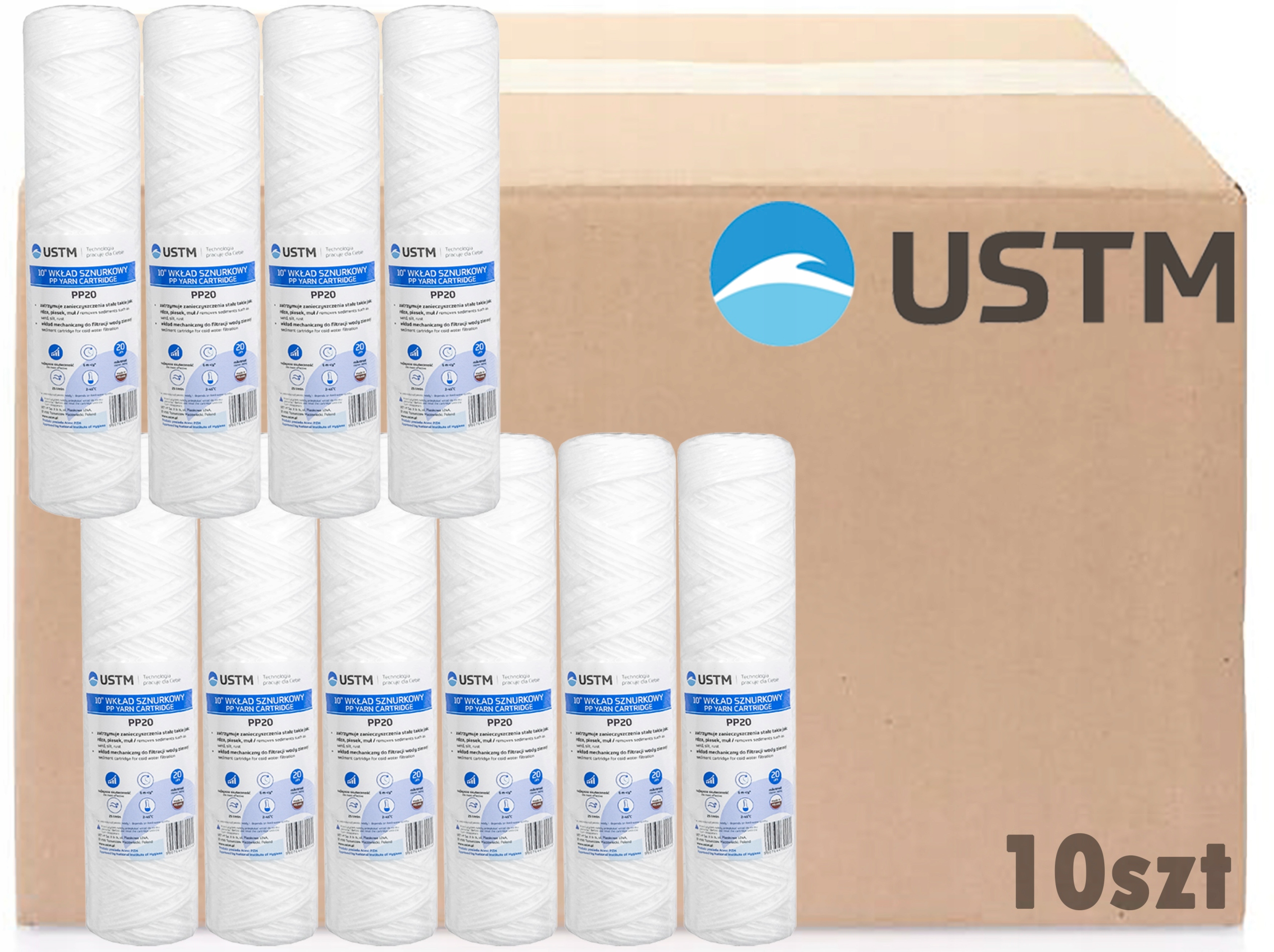 FILTR DO WODY WKŁAD SZNURKOWY 10" FILTRACJA 20 MIKRON PP20M 10 SZTUK USTM