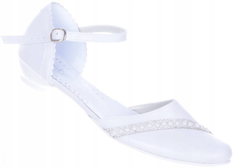 Białe Komunijne Buty Dziewczęce na Sprzączkę Ozdabiane Obcas 33