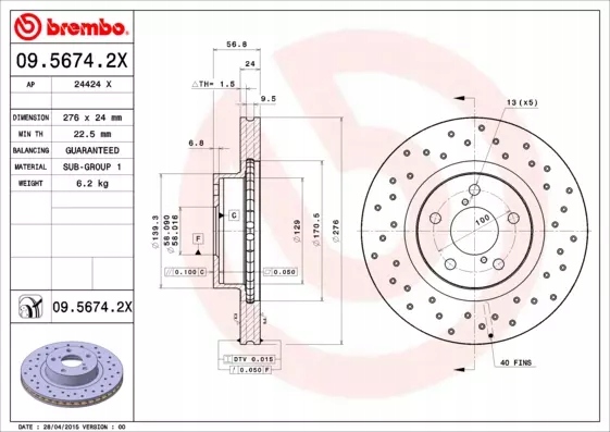 BREMBO TARCZE HAMULCOWE PRZÓD 09.5674.2X Liczba tarcz w ofercie 1