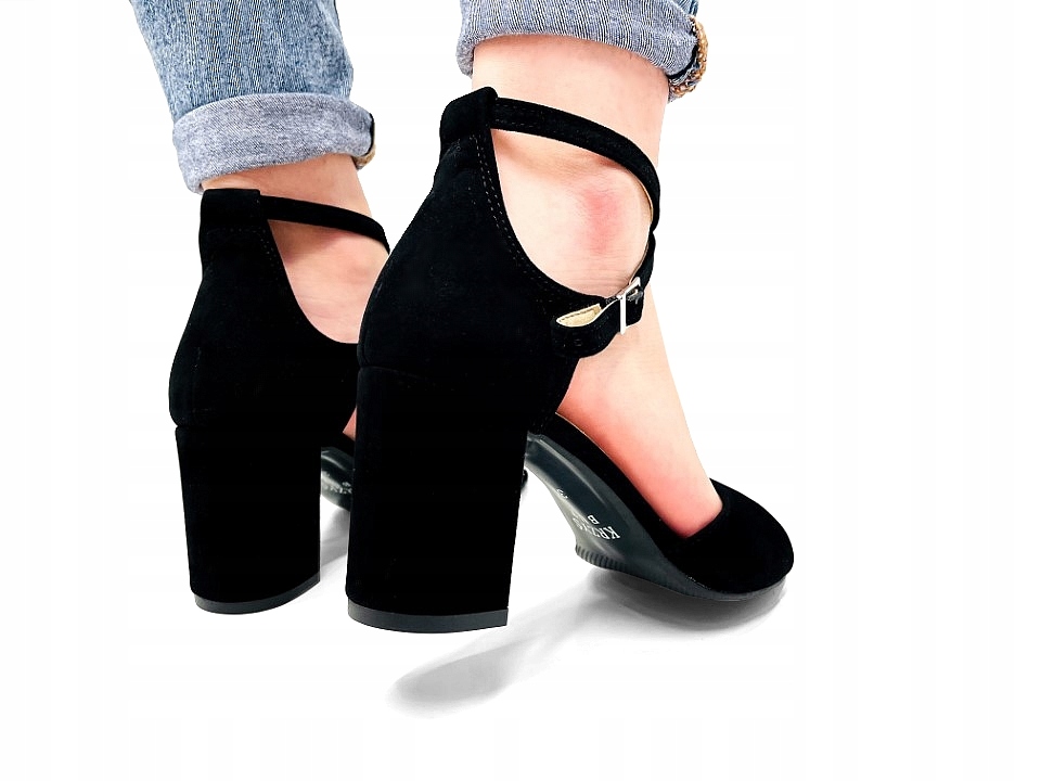 CZARNE ZAMSZOWE SANDAŁY NA OBCASIE SŁUPKU 36 Marka inna