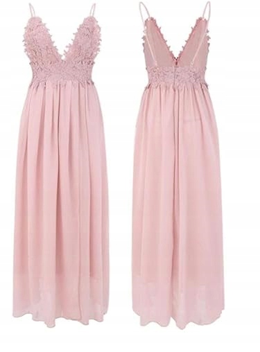 DŁUGA SUKIENKA WIECZOROWA Z KORONKĄ RÓŻOWA ROZMIAR L Marka bez marki