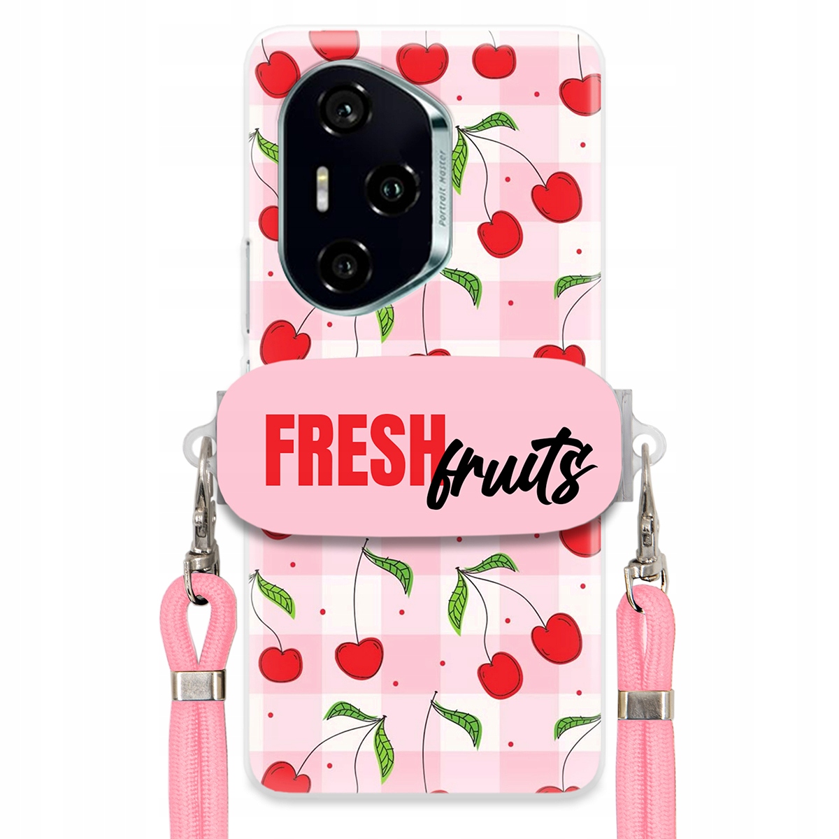 Puzdro pre Honor 300 Pro Case držiak na šnúrku Ružový Fresh Fruits Mriežka