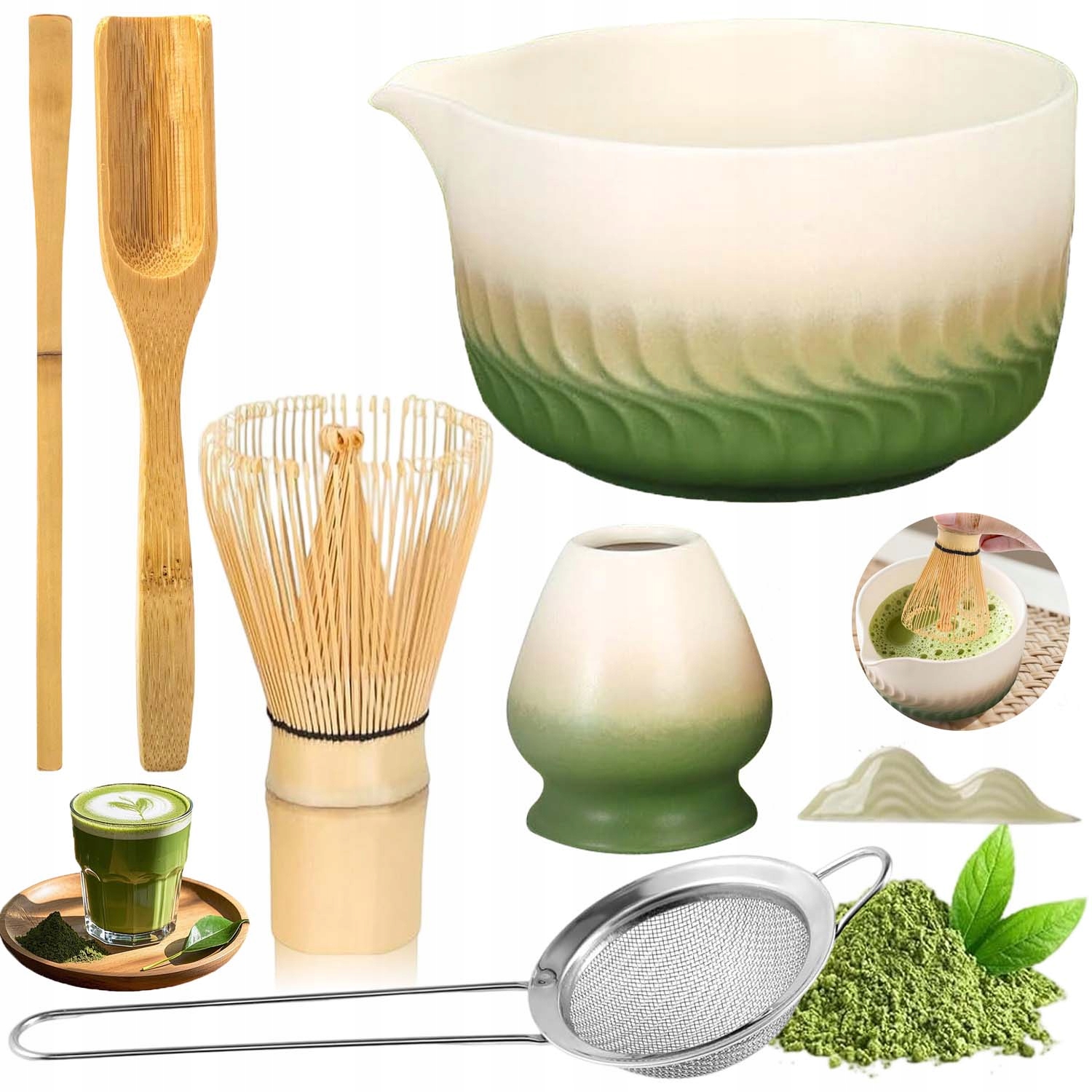 Levně Dárková Sada Na Čaj Matcha Šálek Metla Podstavec 7V1 Gradient