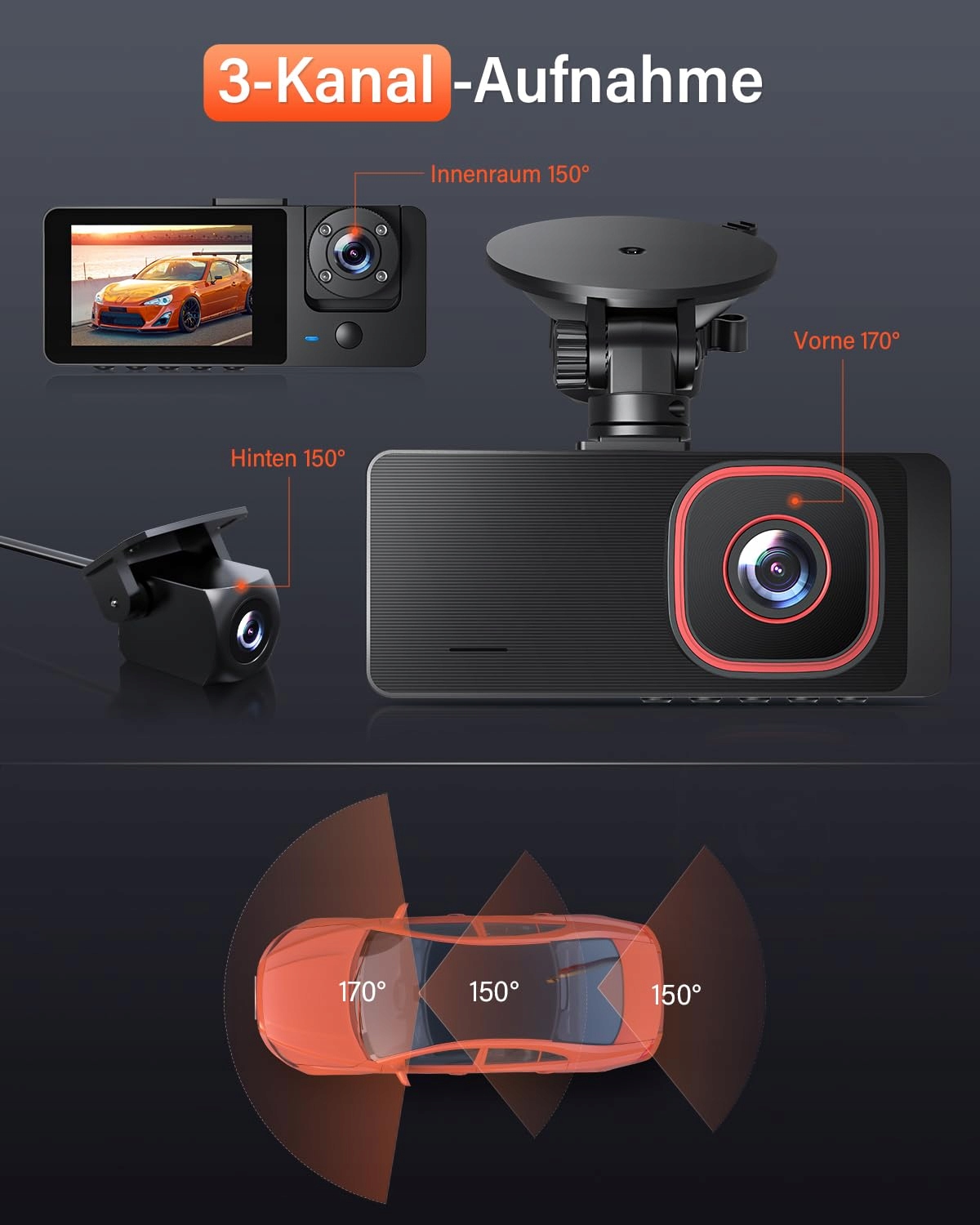BESTSEE Kamera Samochodowa 1080P Przód Tył Wnętrze 64GB Karta SD WDR — miniatura 3