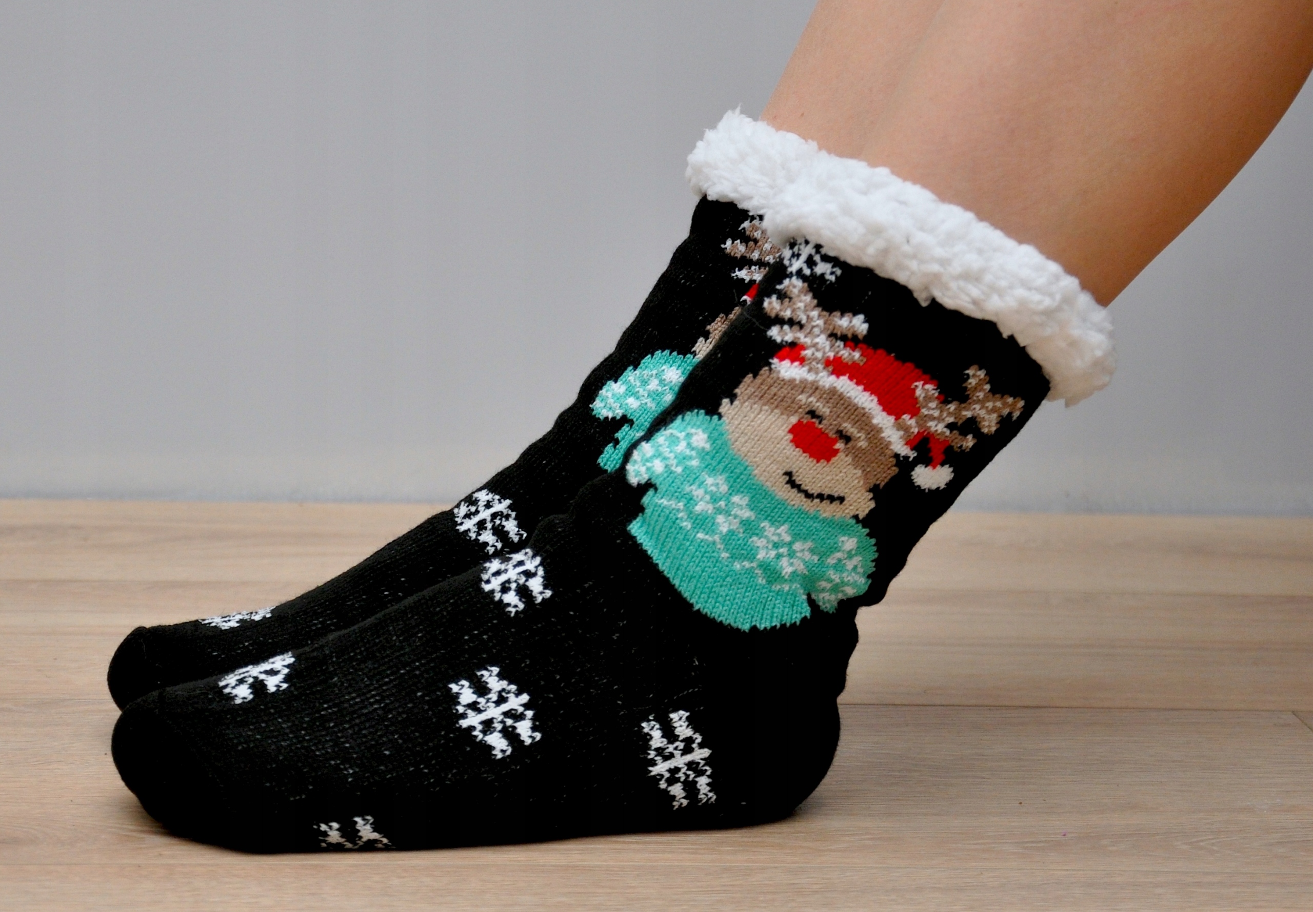 SKARPETY ŚWIĄTECZNE Z KOŻUSZKIEM KAPCIE ANTYPOŚLIZGOWE NA ZIMĘ ABS RENIFER Rozmiar 36-41