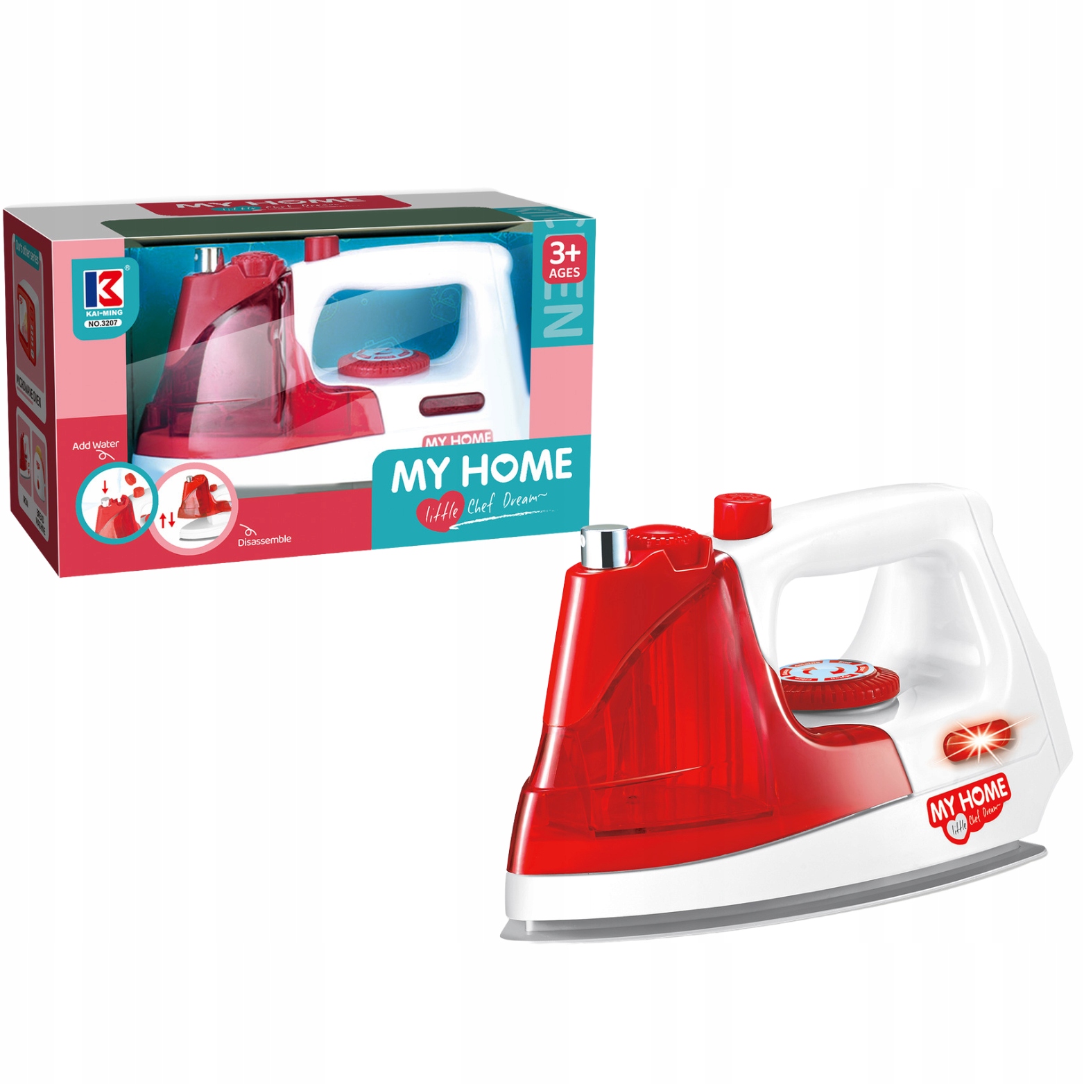 ŻELAZKO DLA DZIECI Z ZBORNIKIEM NA WODĘ POKRĘTŁEM LAMPKĄ WYGODNA RĄCZKA Wiek dziecka 0 +