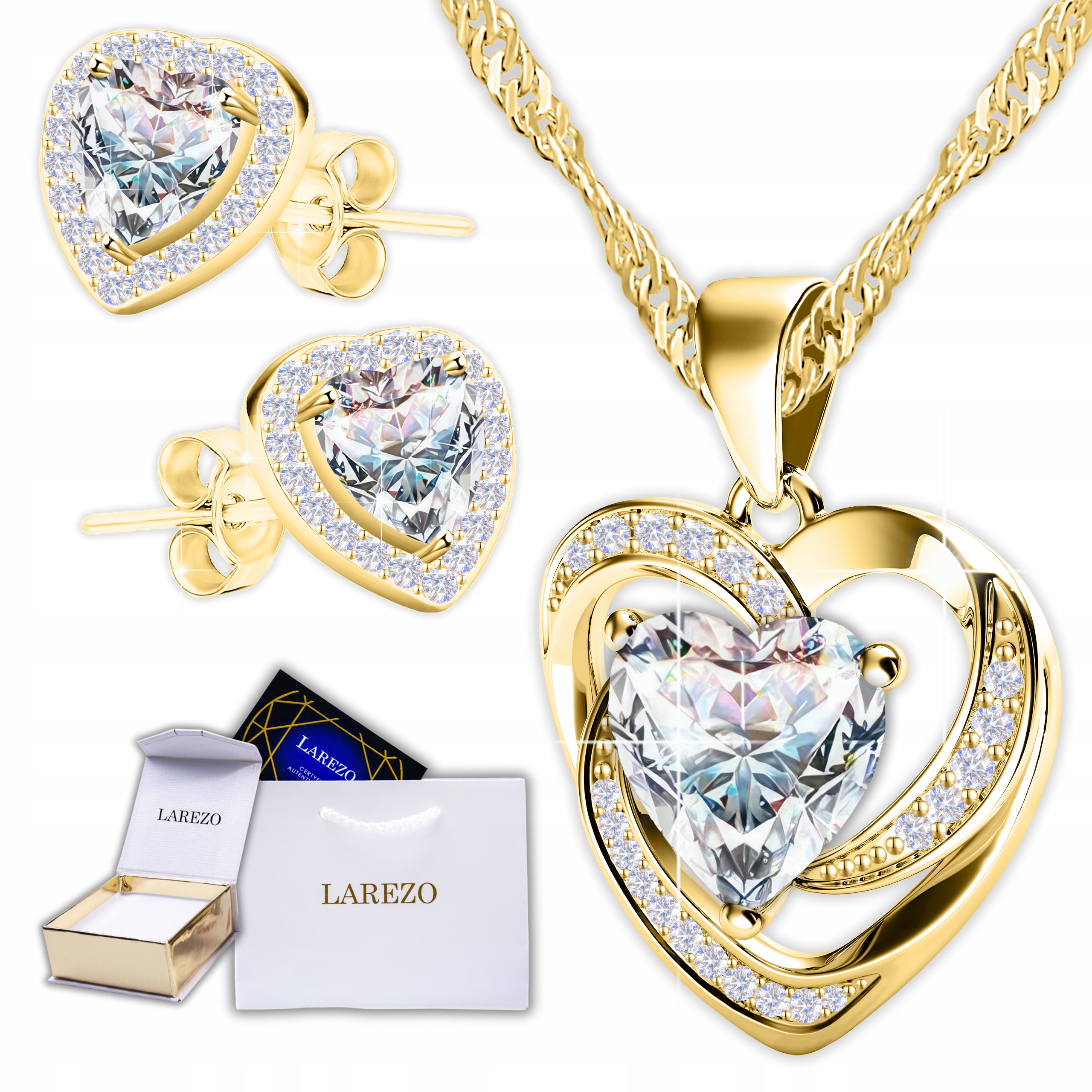 Sada Zlatý náhrdelník Srdce a Zlaté Náušnice Bílá Srdíčka se Zirkony