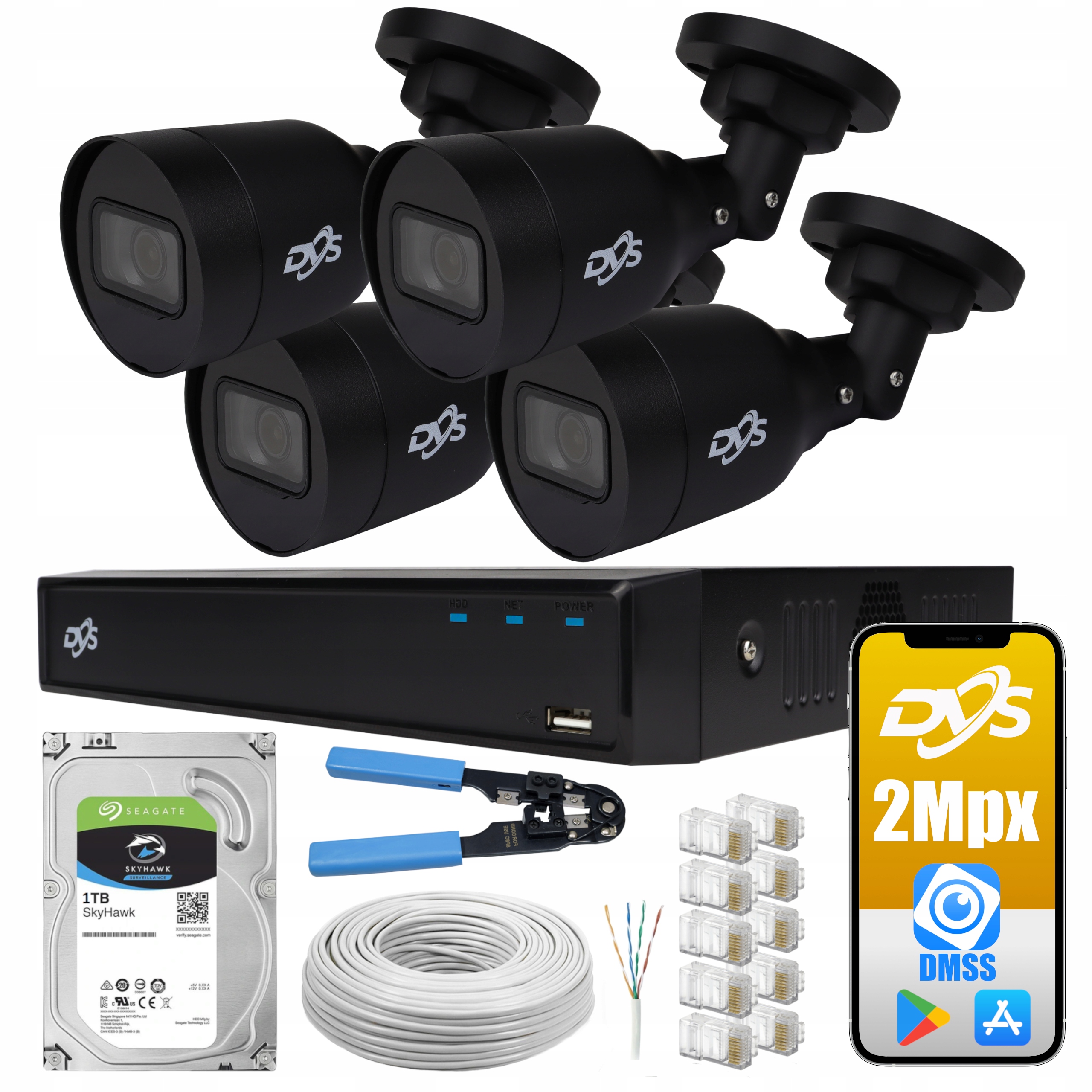 

Zestaw monitoring Ip PoE 4 czarne kamery 2Mpx dysk