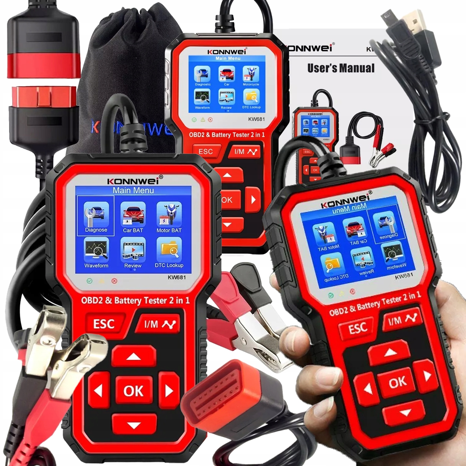 KONNWEI KW681 TESTER BATERII 2w1 DIAGNOSTYKA OBDII