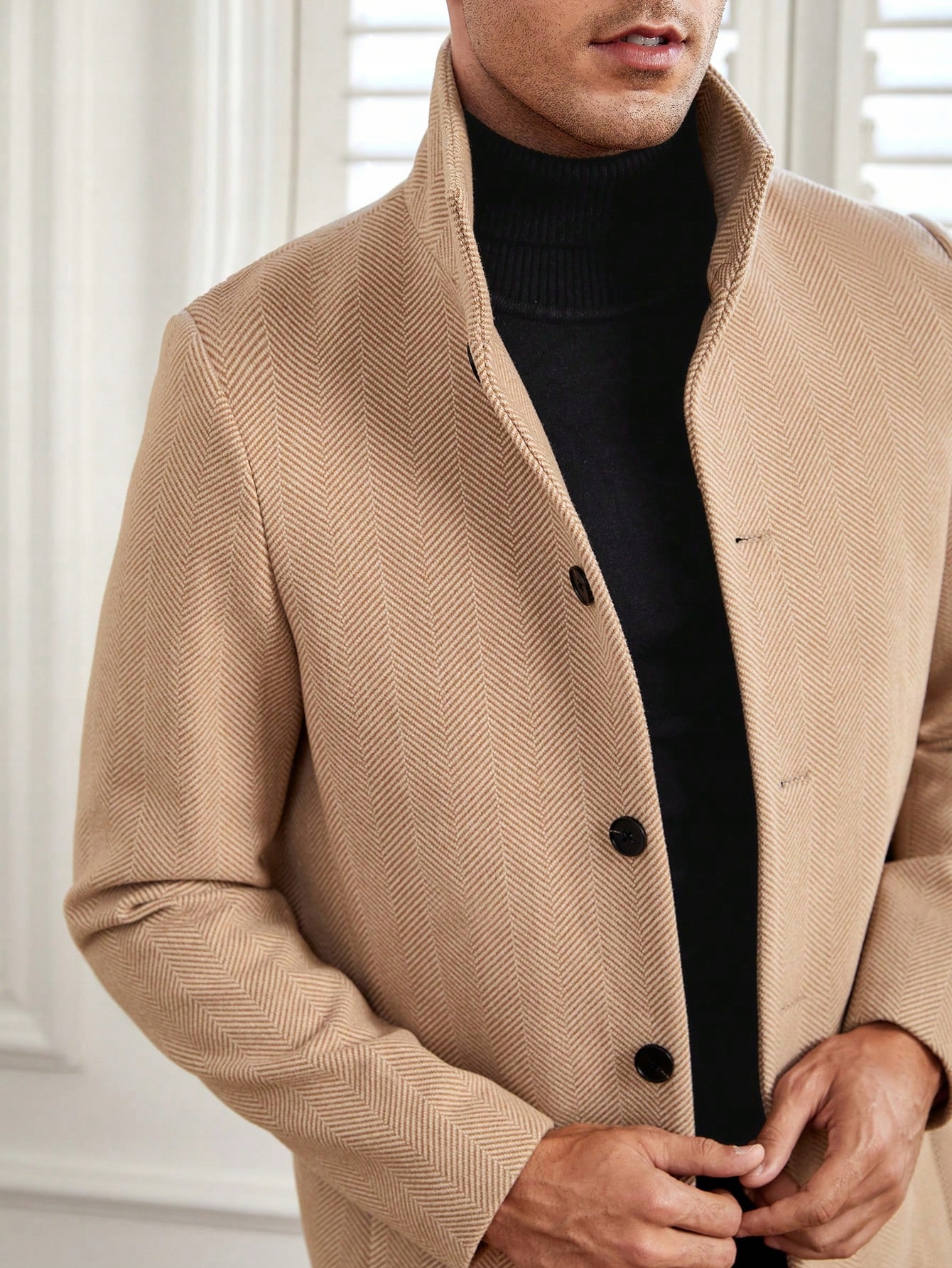 Pánský Kabát Elegantní Stylový Béžový Se Stojáčkem Jedle Shein M