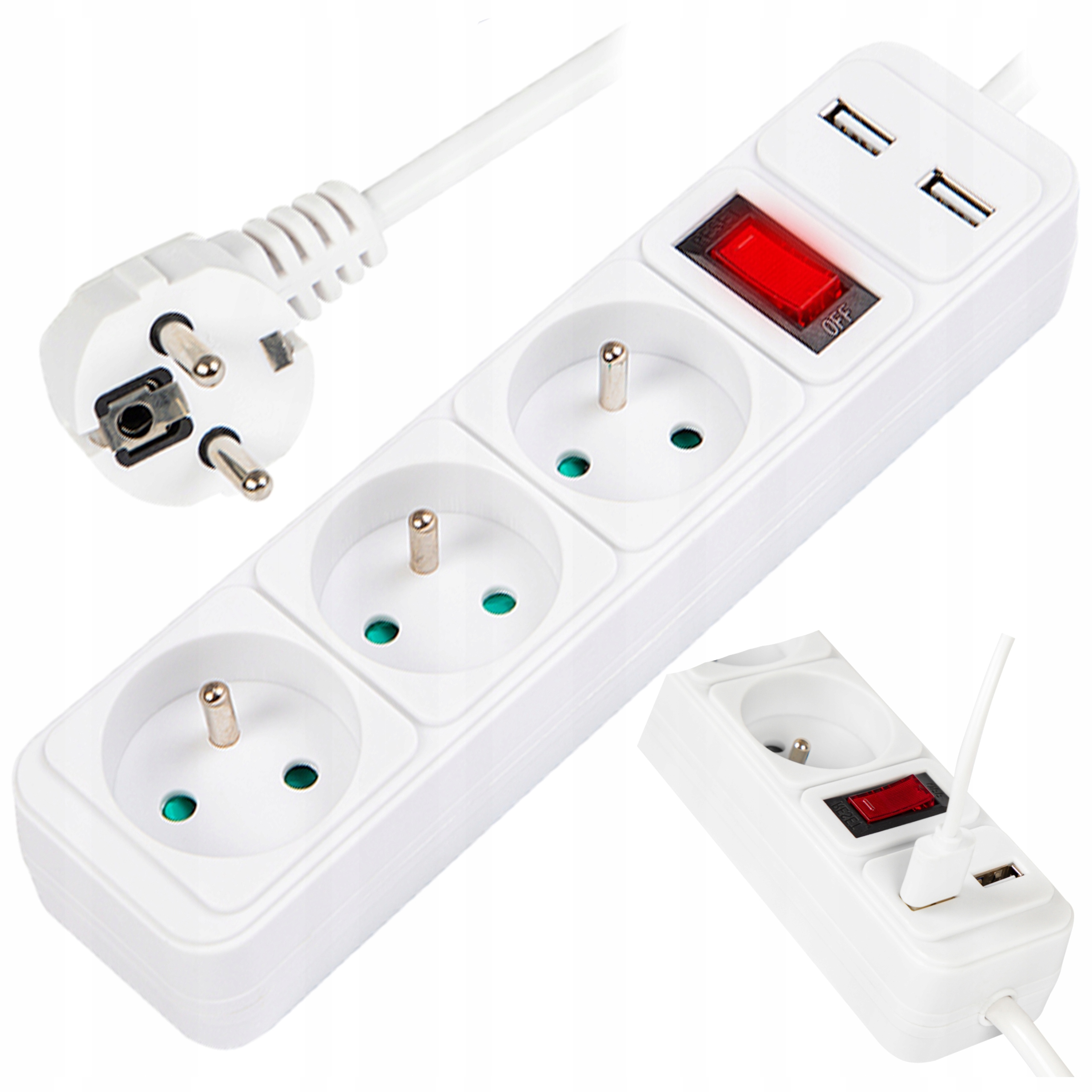 PRZEDŁUŻACZ LISTWA ZASILAJĄCA WŁĄCZNIK 3 GNIAZDA 3M ŁADOWARKA 2xUSB 2.1A