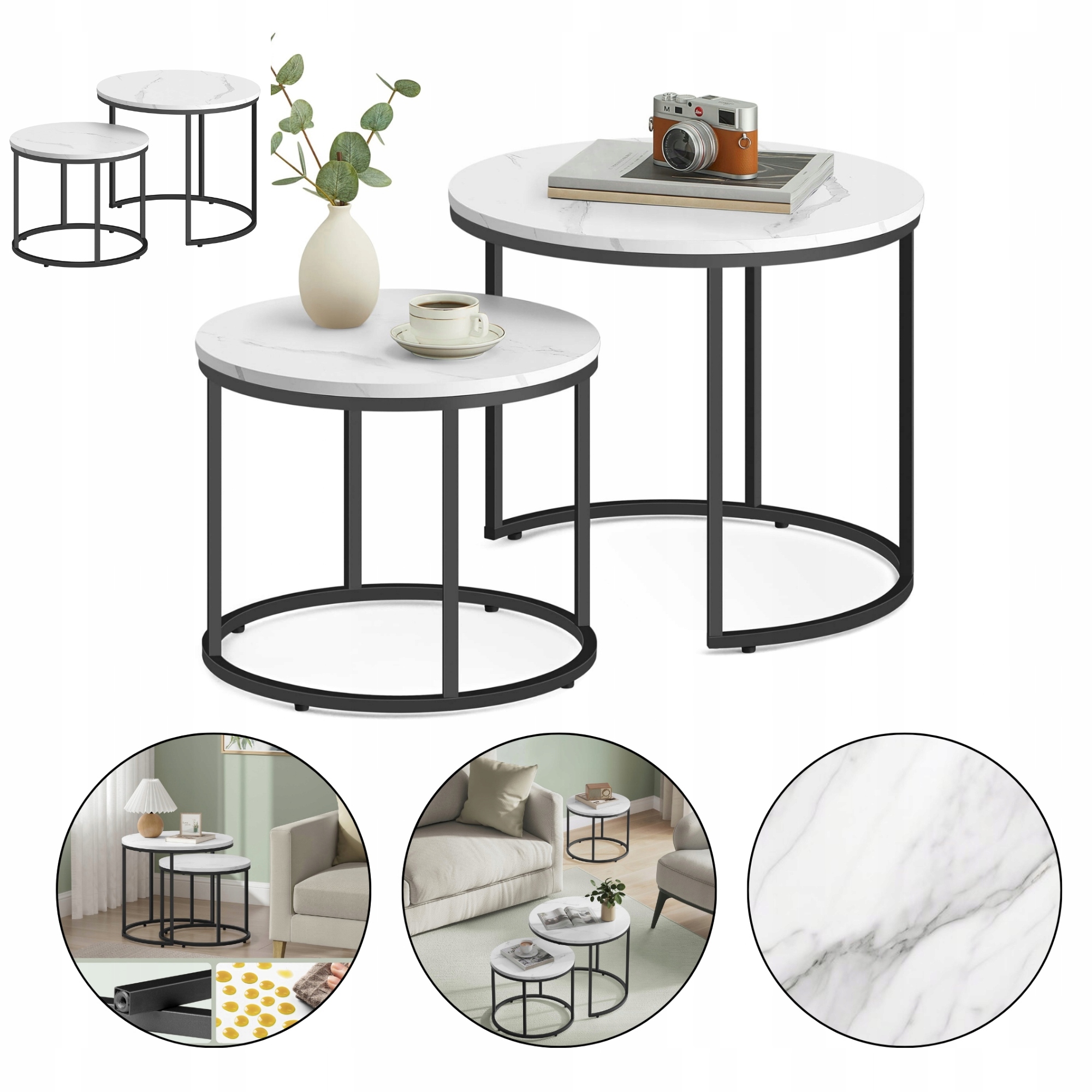 Konferenčný stolík okrúhly, sada 2ks, zasúvateľné do seba mramor čierne nohy