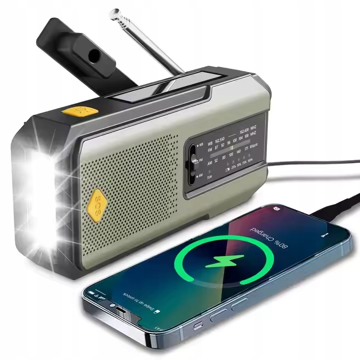 Mini rádio Am Fm solární na kliku Usb Nouzová powerbanka Svítilna Dynamo