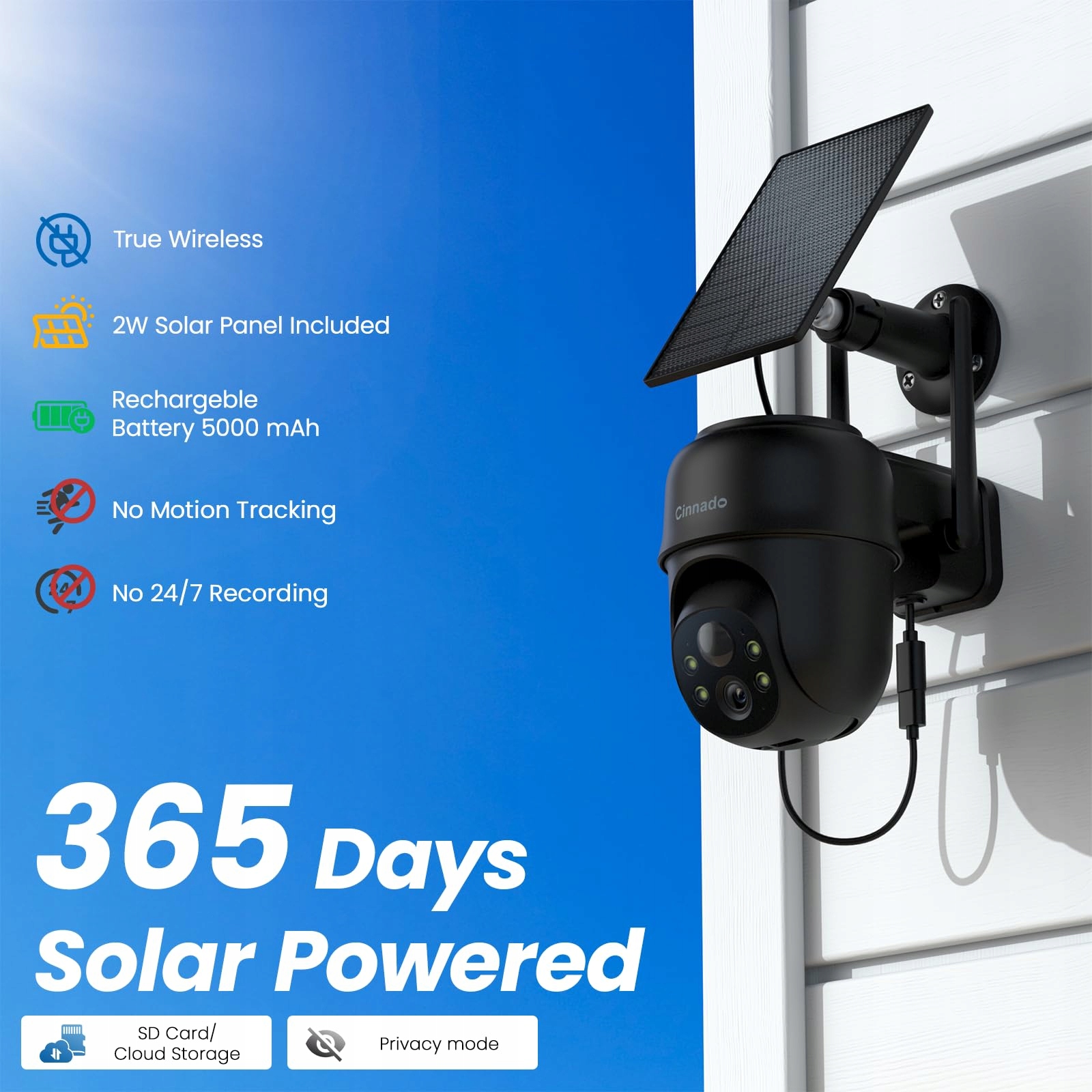 CINNADO Kamera Zewnętrzna Solar 2K Bezprzewodowa 360 Stopni IP65 Audio — miniatura 9