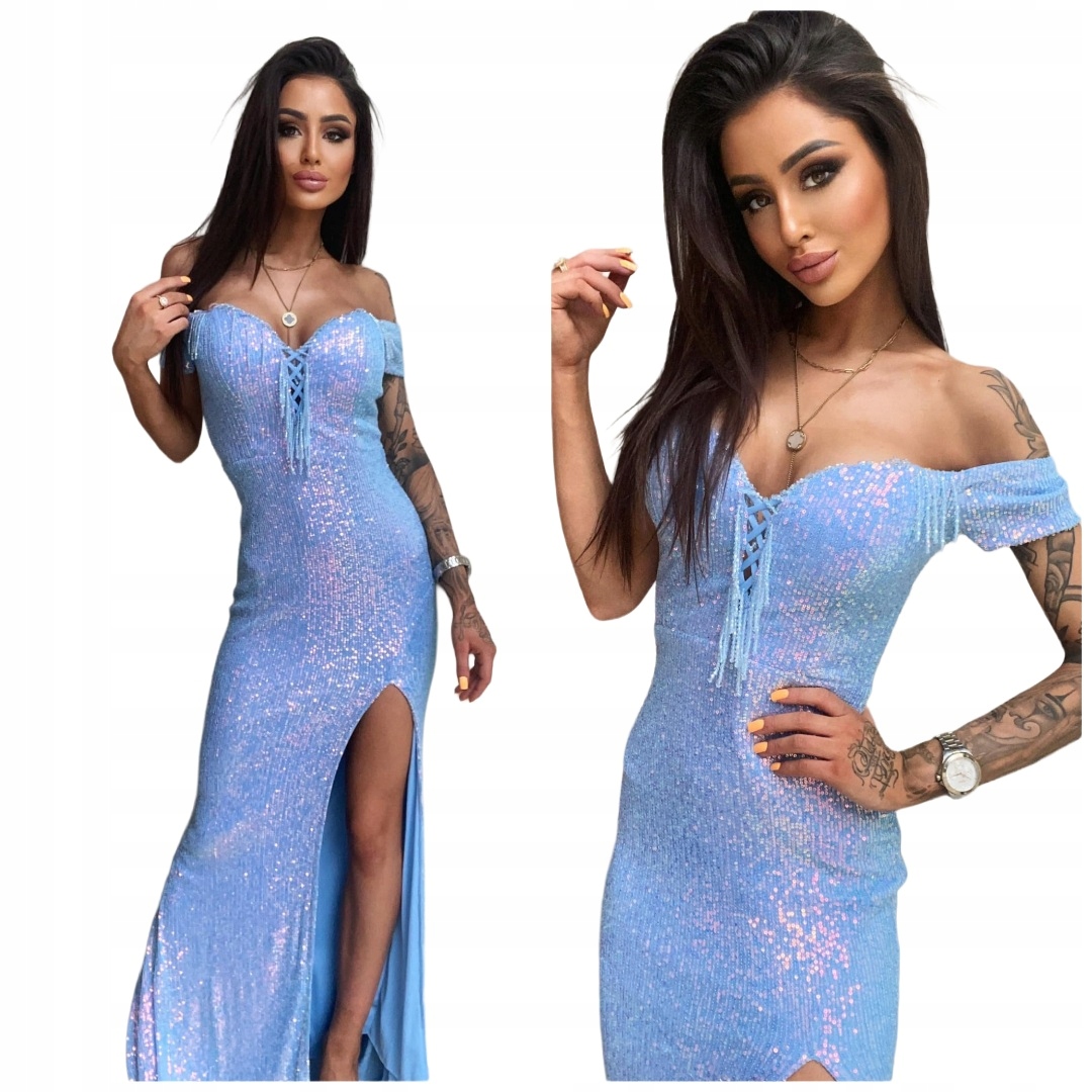 Riviera Modrá Dlouhá Flitrová Šaty S Rozparkem na svatební hostina ples 34