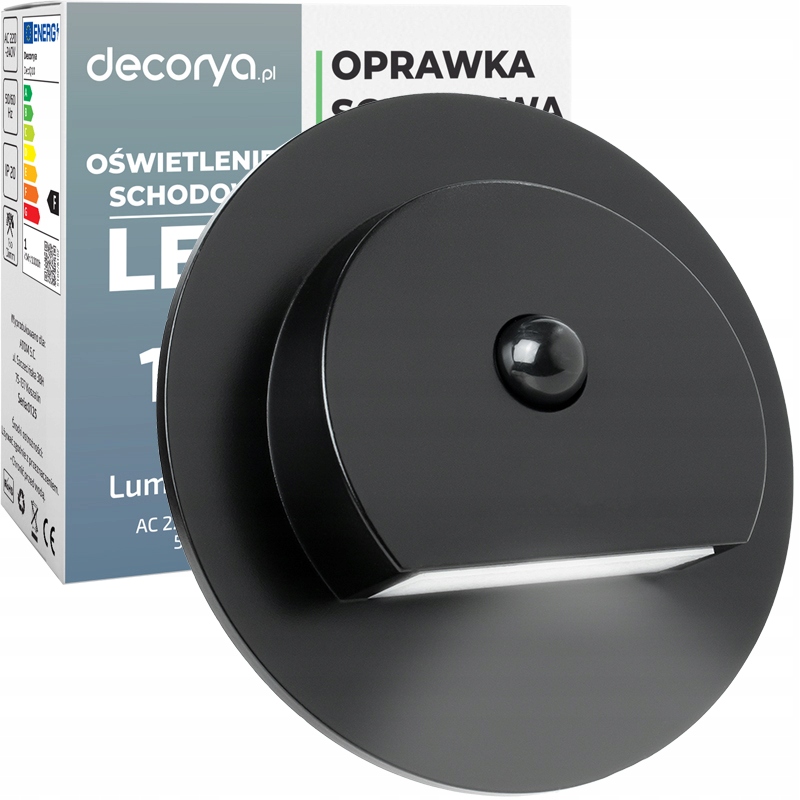 CZARNA LAMPKA SCHODOWA LED OPRAWA NA SCHODY CZUJNIK RUCHU ZMIERZCHU 1W 230V